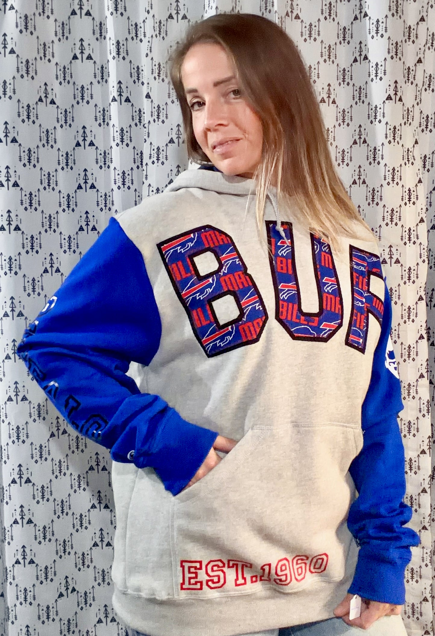 Grey Color-Block BUF Football Hoodie Size Unisex- M/L