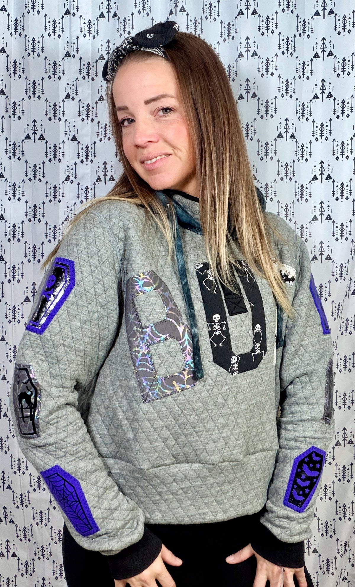 Grey BUF Halloween 1/4 Button-Up Crop  Hoodie Size Women's- M/L