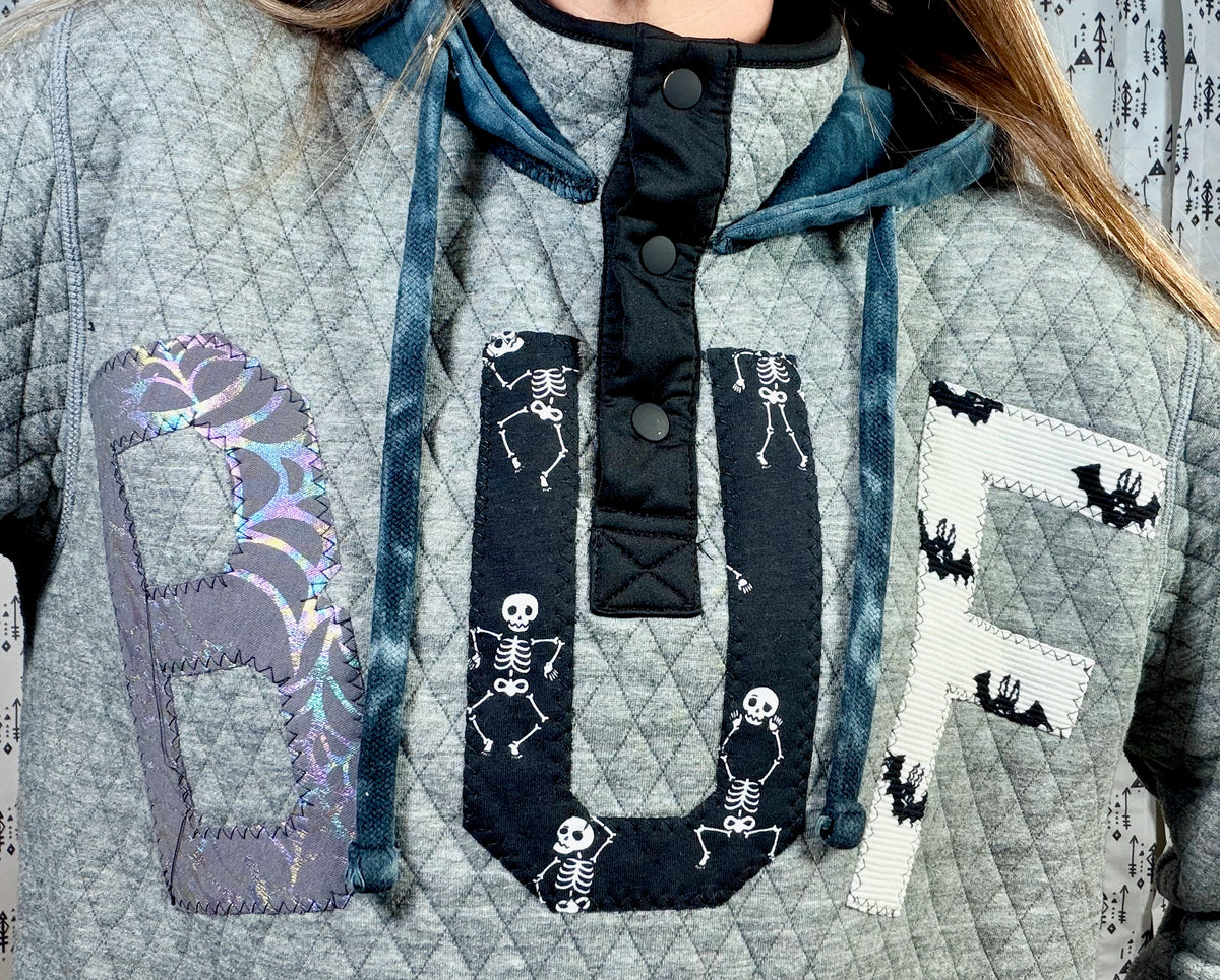 Grey BUF Halloween 1/4 Button-Up Crop  Hoodie Size Women's- M/L