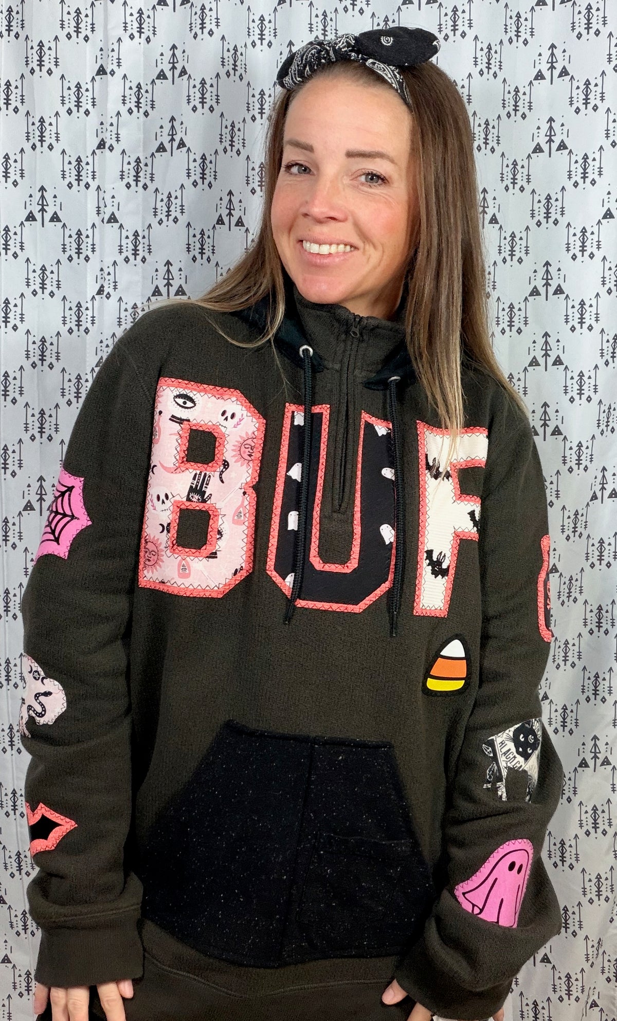 Grey BUF Trick or Treat 1/4 Zip Hoodie Size Women's- L/XL