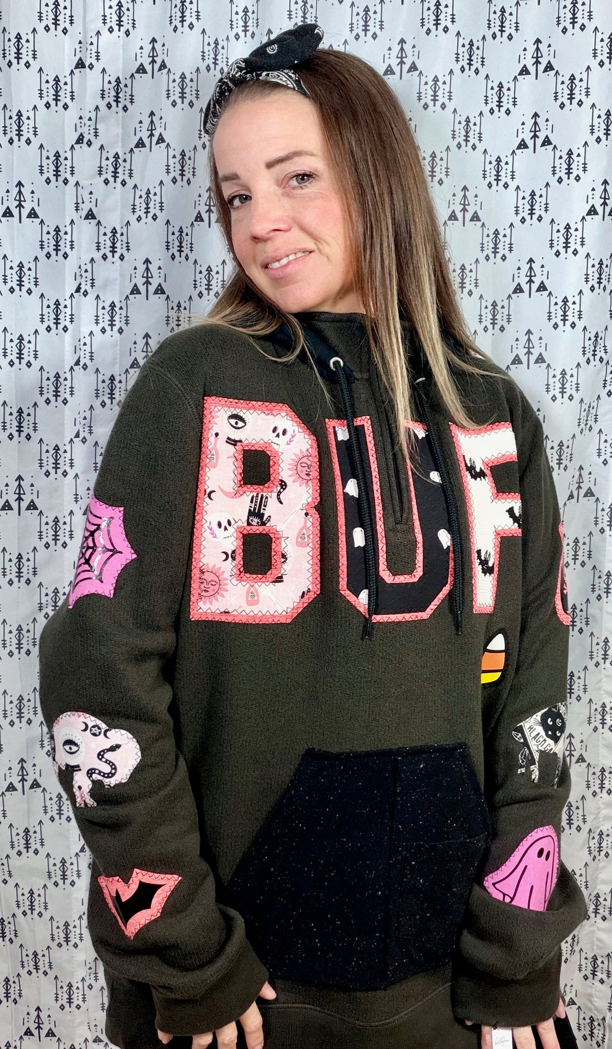 Grey BUF Trick or Treat 1/4 Zip Hoodie Size Women's- L/XL