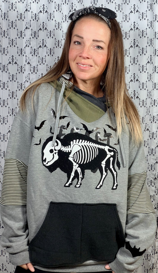 Grey Buffalo Skeleton Hoodie Size Unisex- L/XL