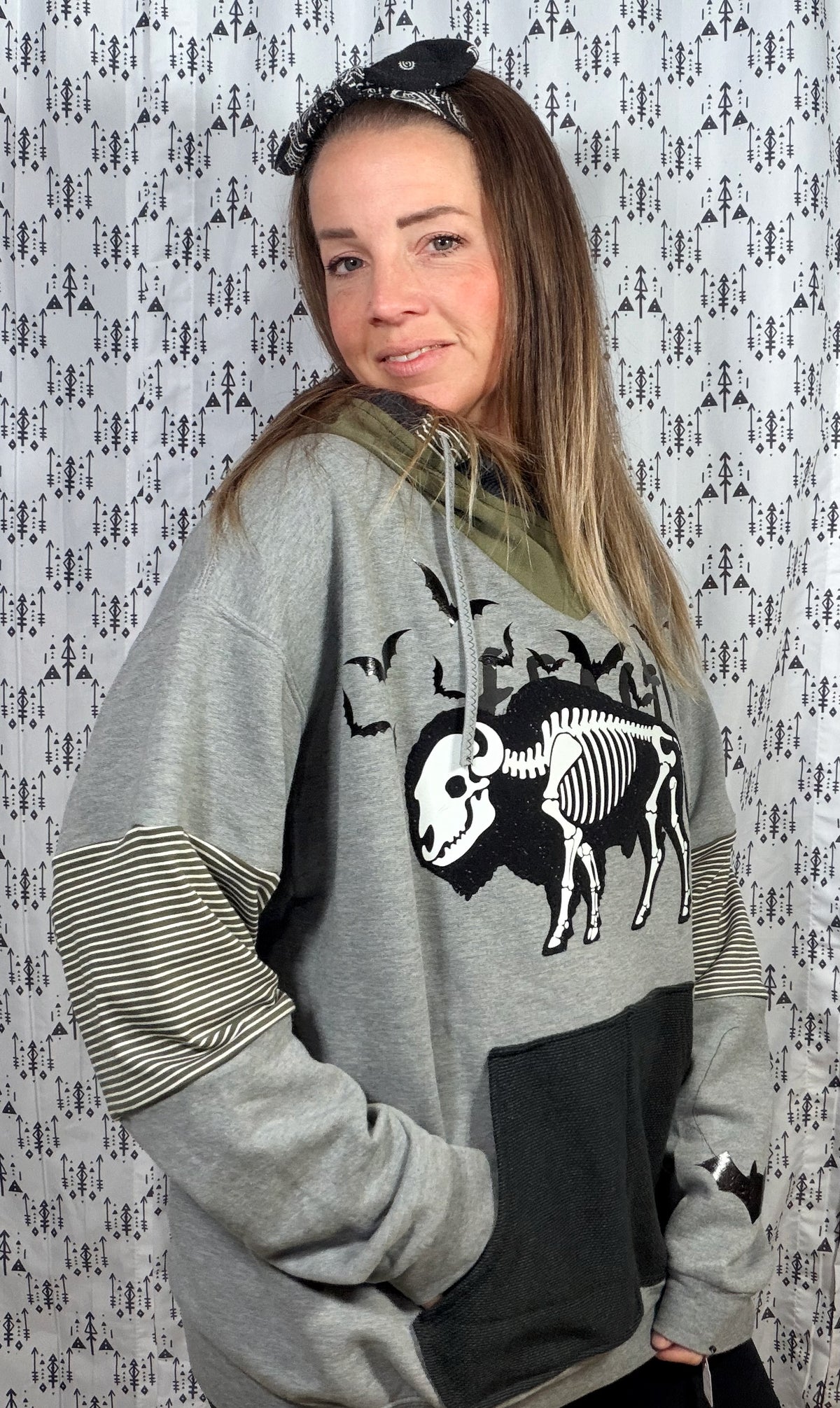 Grey Buffalo Skeleton Hoodie Size Unisex- L/XL