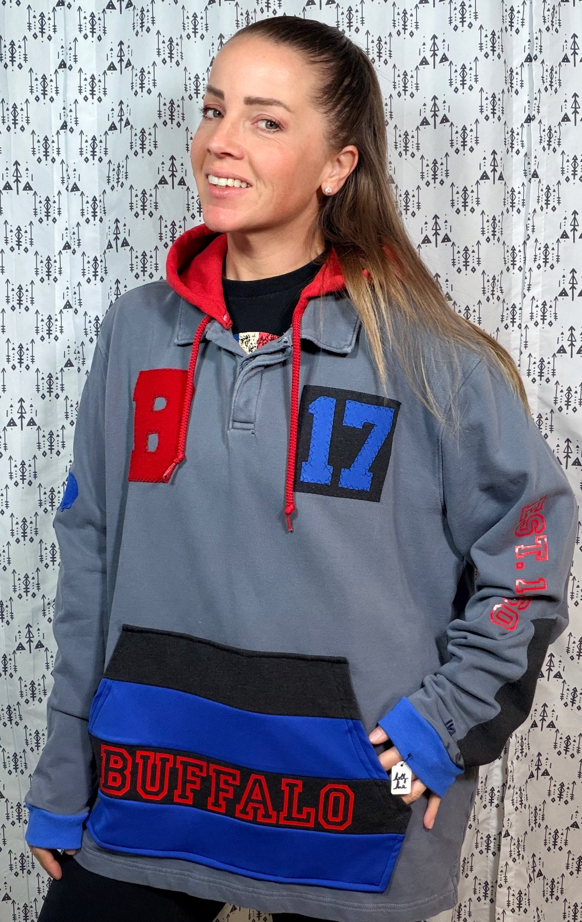 Blue Color-Block JA 17 Button Collar Hoodie Size Unisex- XL/2X