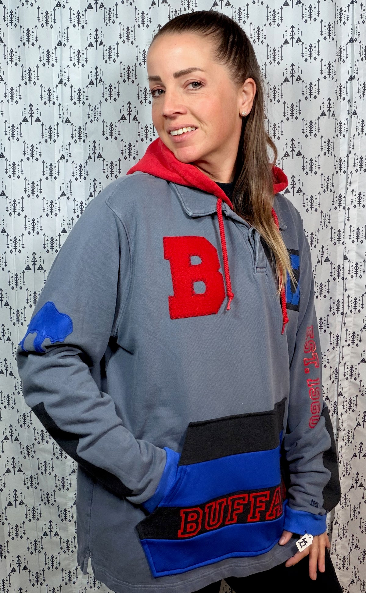 Blue Color-Block JA 17 Button Collar Hoodie Size Unisex- XL/2X