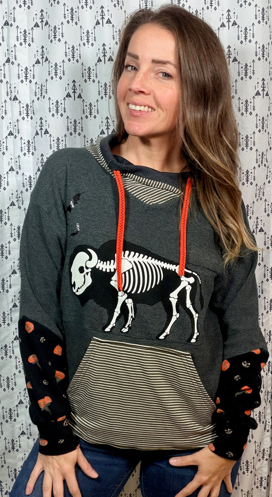 Dark Grey Buffalo Skeleton Hoodie Size Women's- M/L