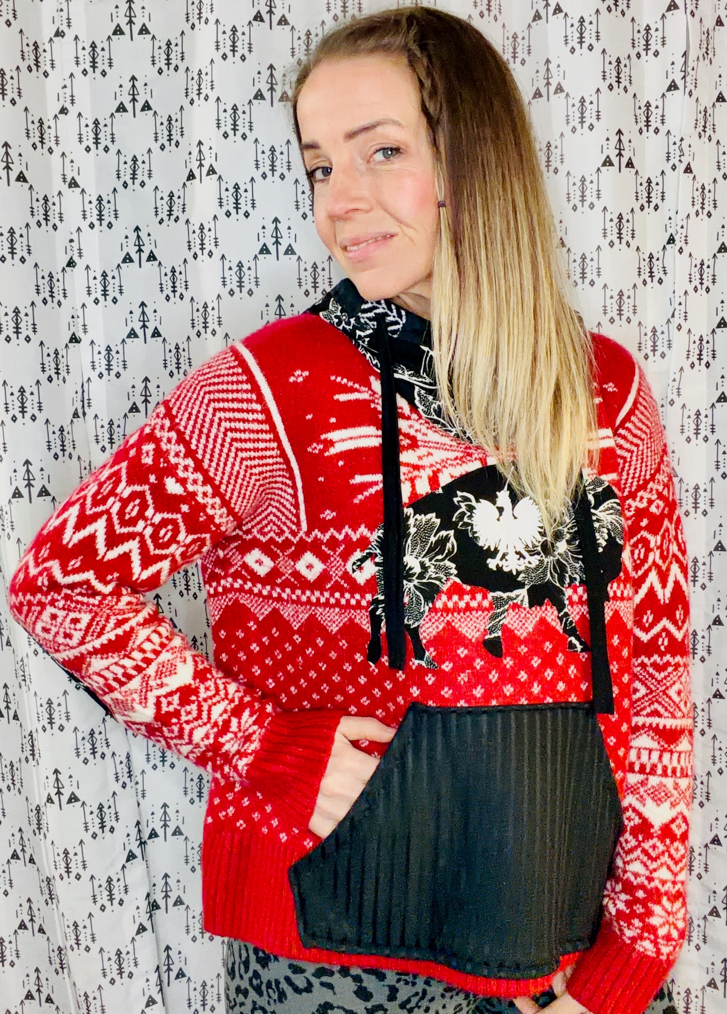 Red & White Buffalo Dyngus Day Sweater Hoodie Size- Women's L/XL