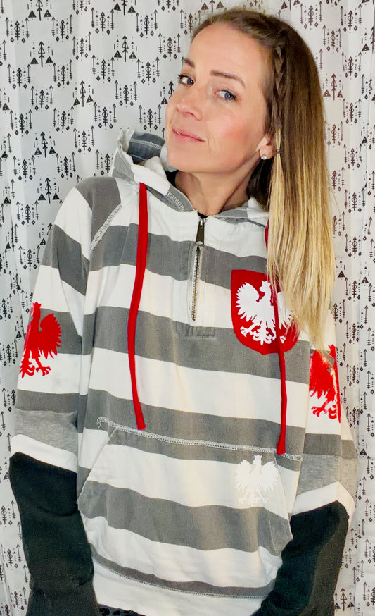 Striped Buffalo Dyngus Day 1/4 Zip Up Hoodie Size Unisex-L/XL