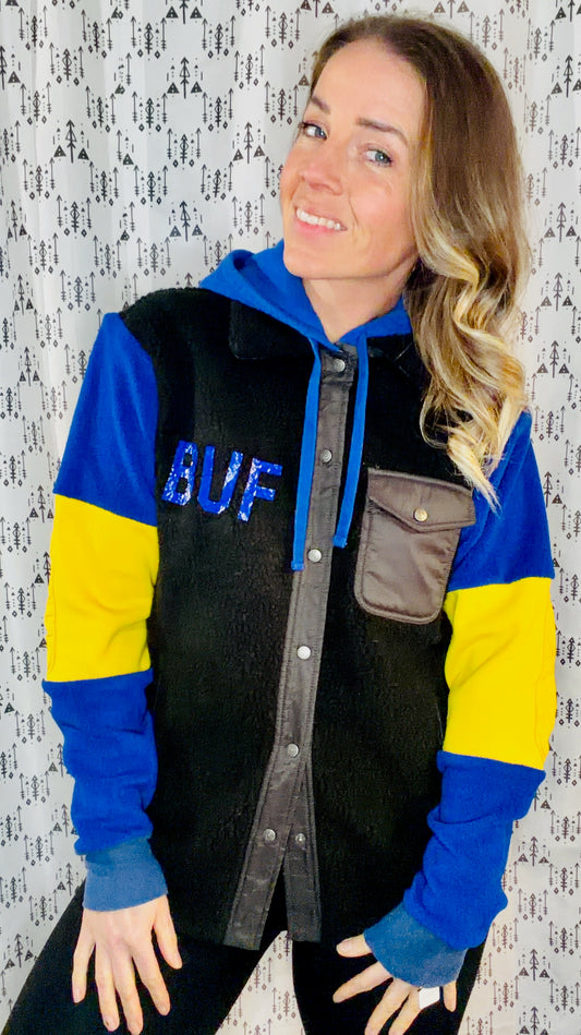 Black Sherpa Buffalo Hockey Button Up Hooded Jacket Size Unisex- S/M