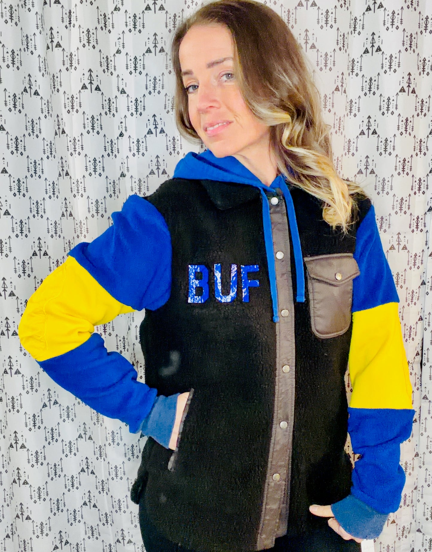 Black Sherpa Buffalo Hockey Button Up Hooded Jacket Size Unisex- S/M