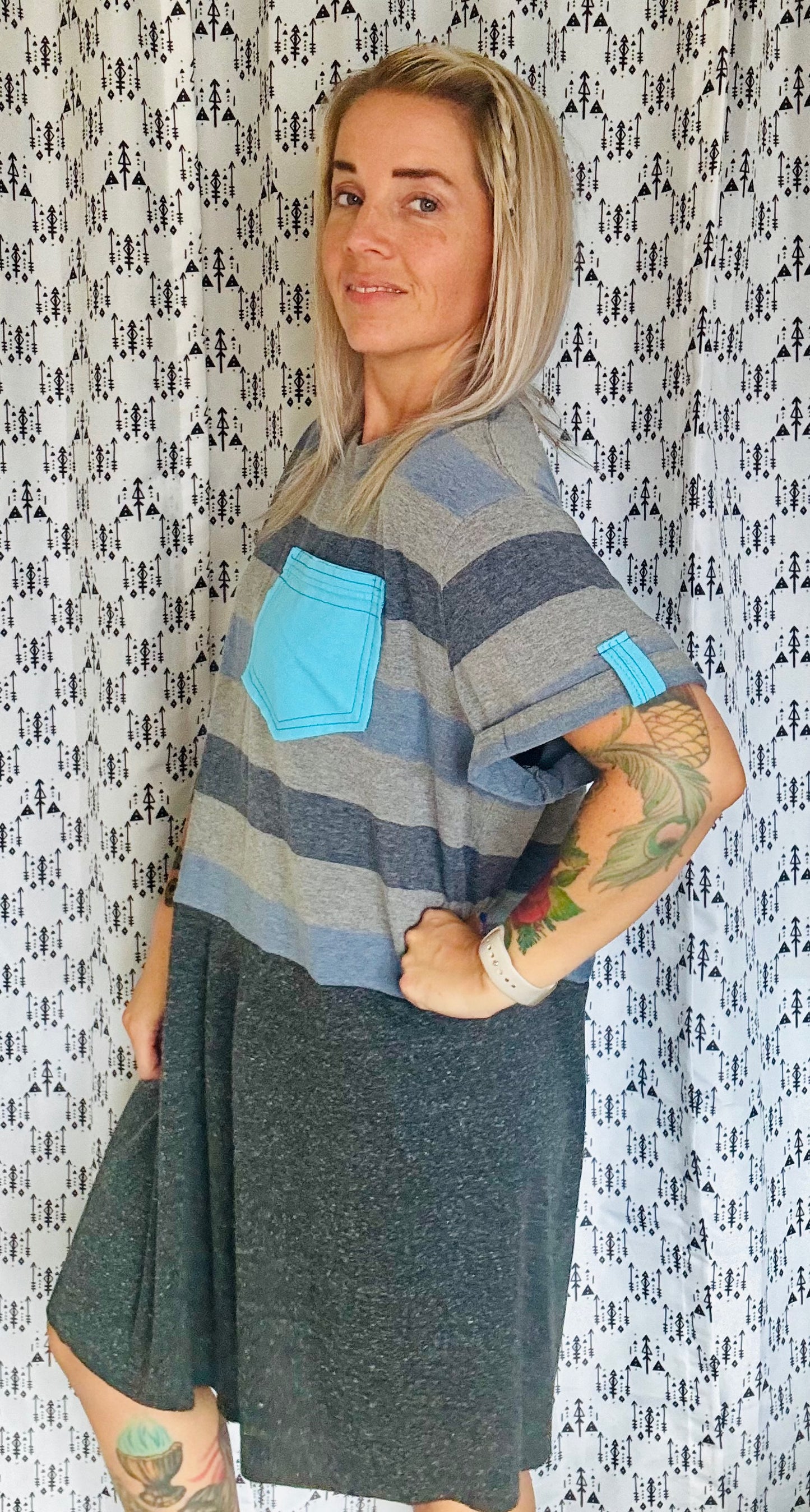 Blue & Greys Striped Babydoll Summer Knit Dress Size- XL/2X