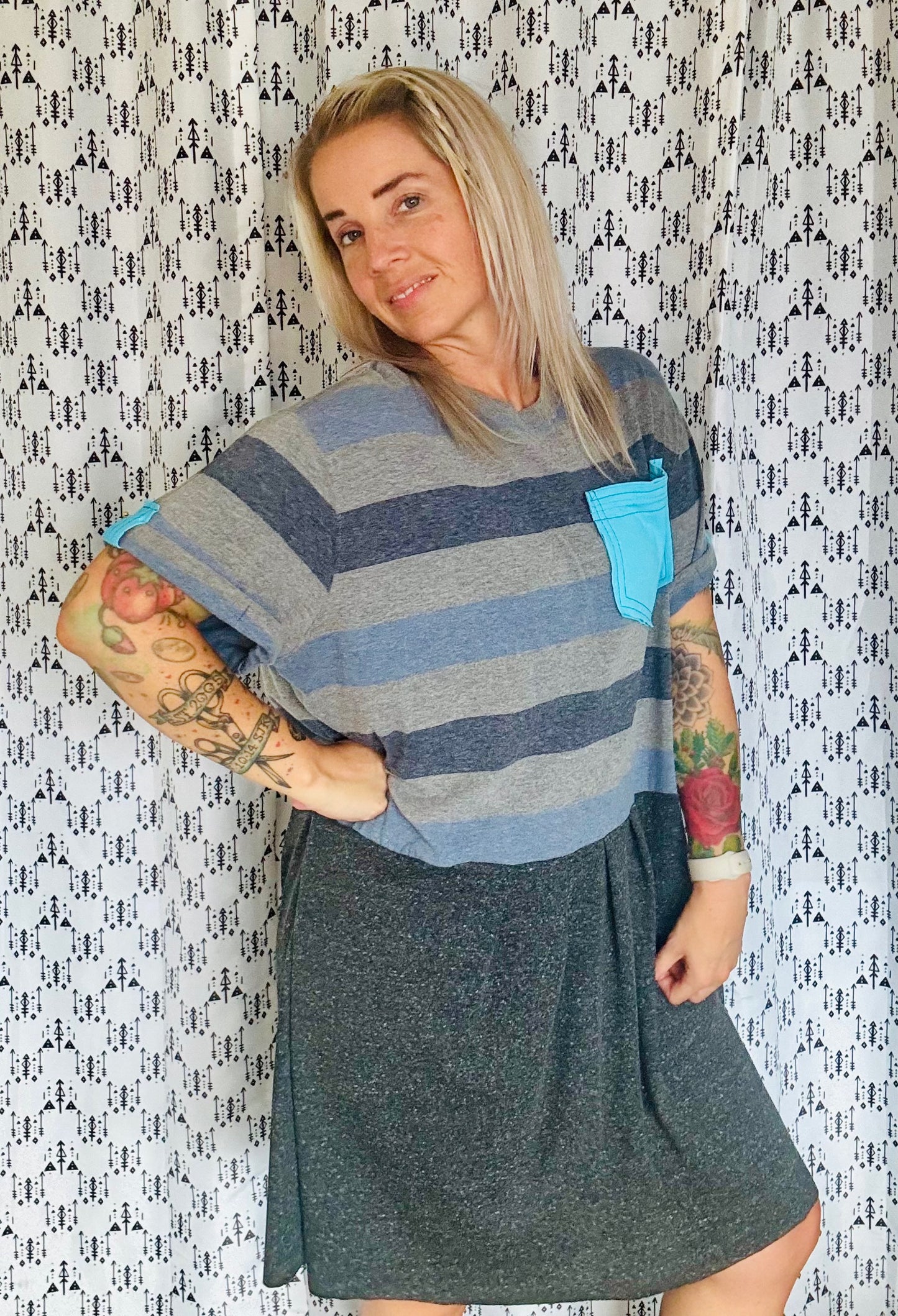 Blue & Greys Striped Babydoll Summer Knit Dress Size- XL/2X