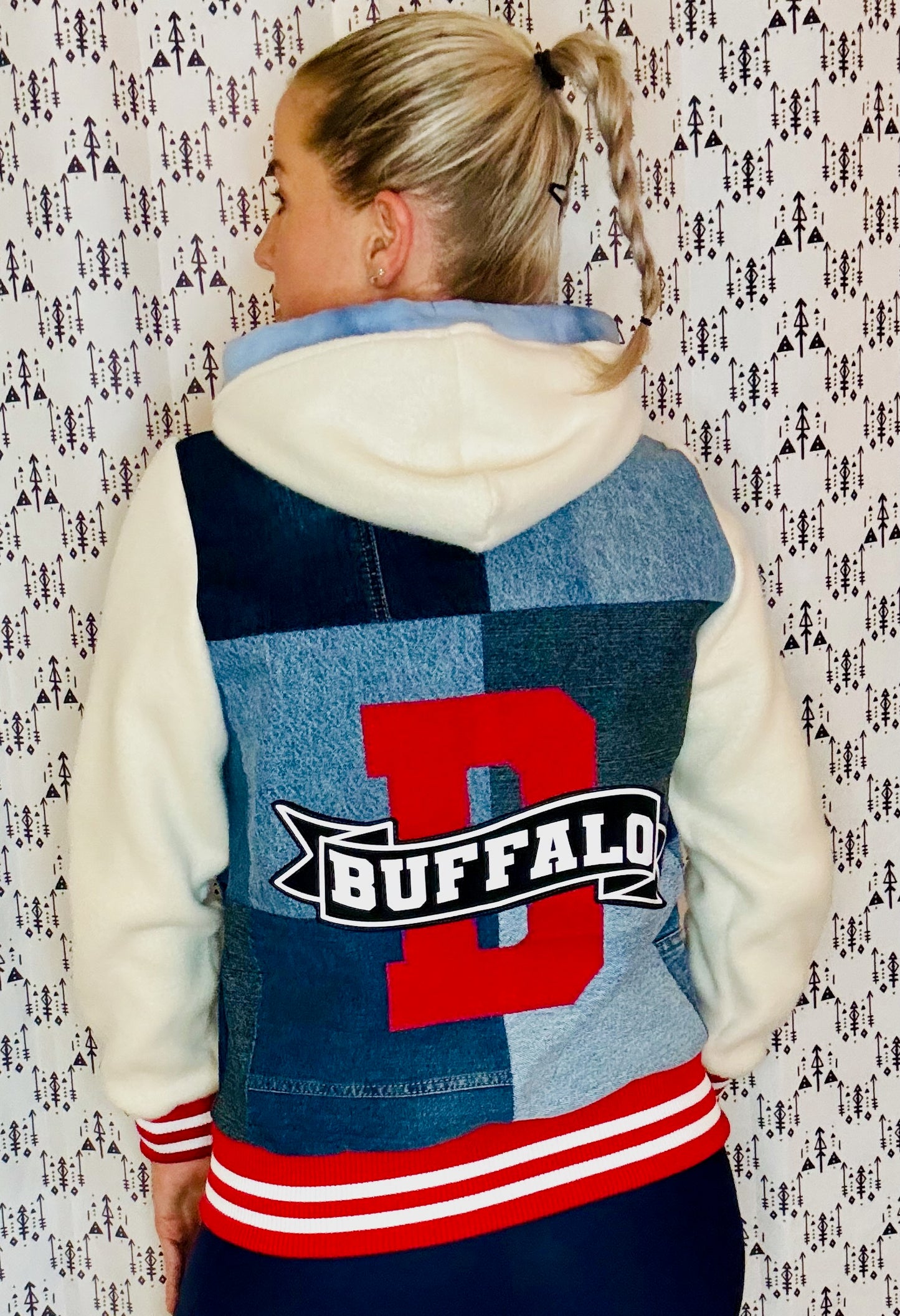 Denim & Cream Patch-Work Buffalo Varsity Bomber Jacket Size- Unisex S