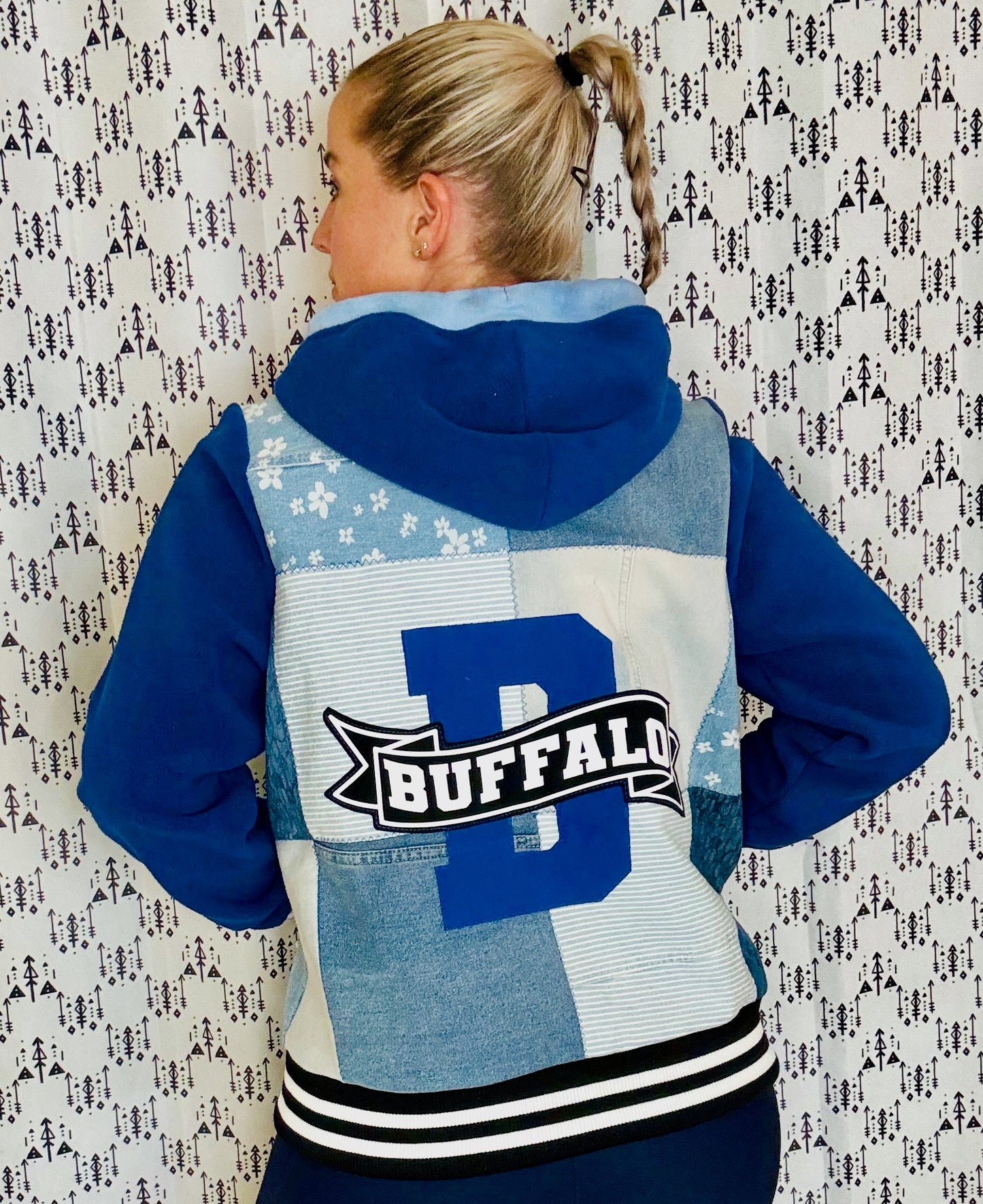 Denim & Blue Patch-Work Buffalo Varsity Bomber Jacket Size- Unisex M