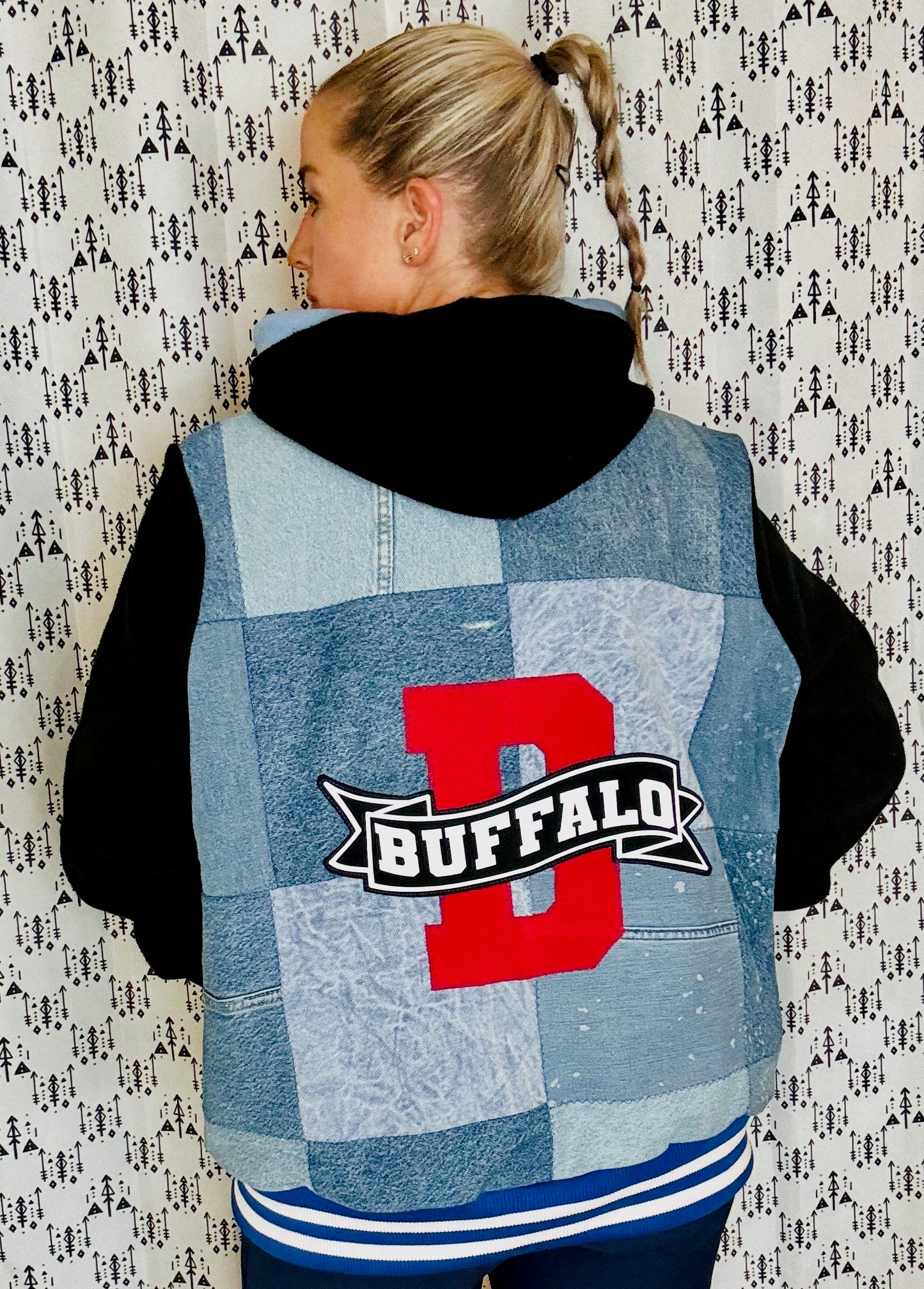 Denim & Black Patch-Work Buffalo Varsity Bomber Jacket Size- Unisex XL