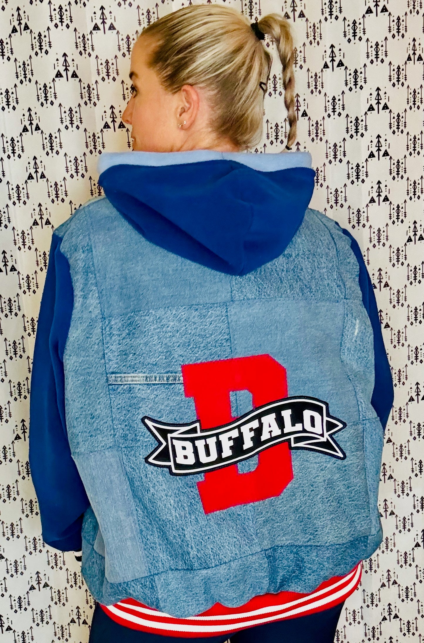 Denim & Blue Patch-Work Buffalo Varsity Bomber Jacket Size- Unisex 2X