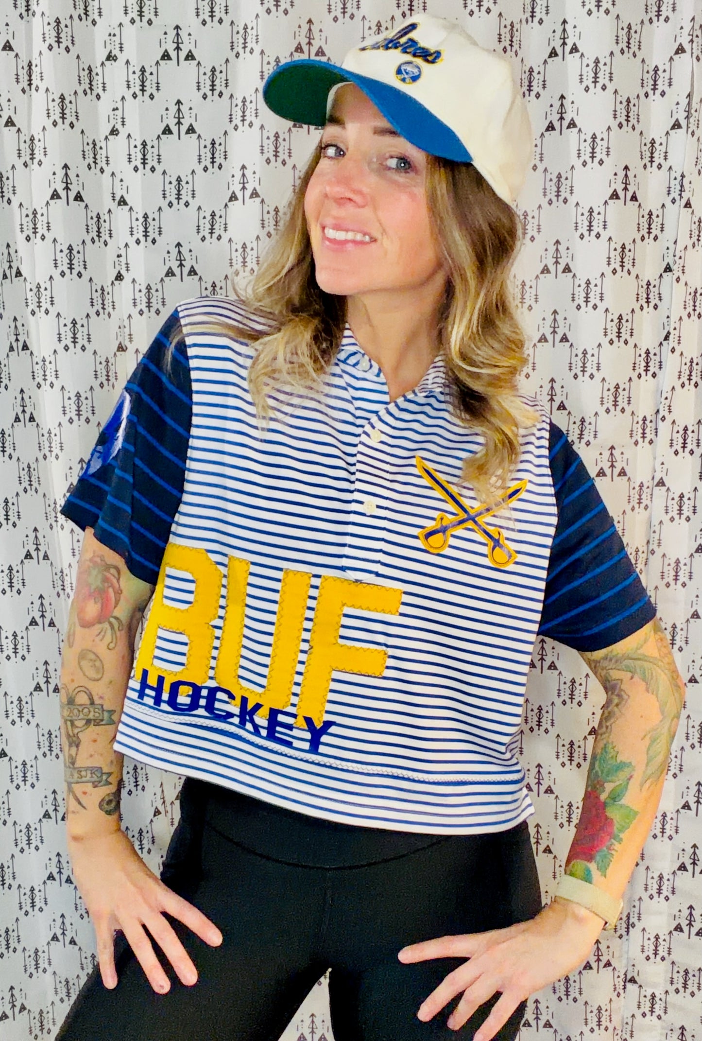 Blue Striped BUF Hockey Polo Crop Women's Size- L/XL