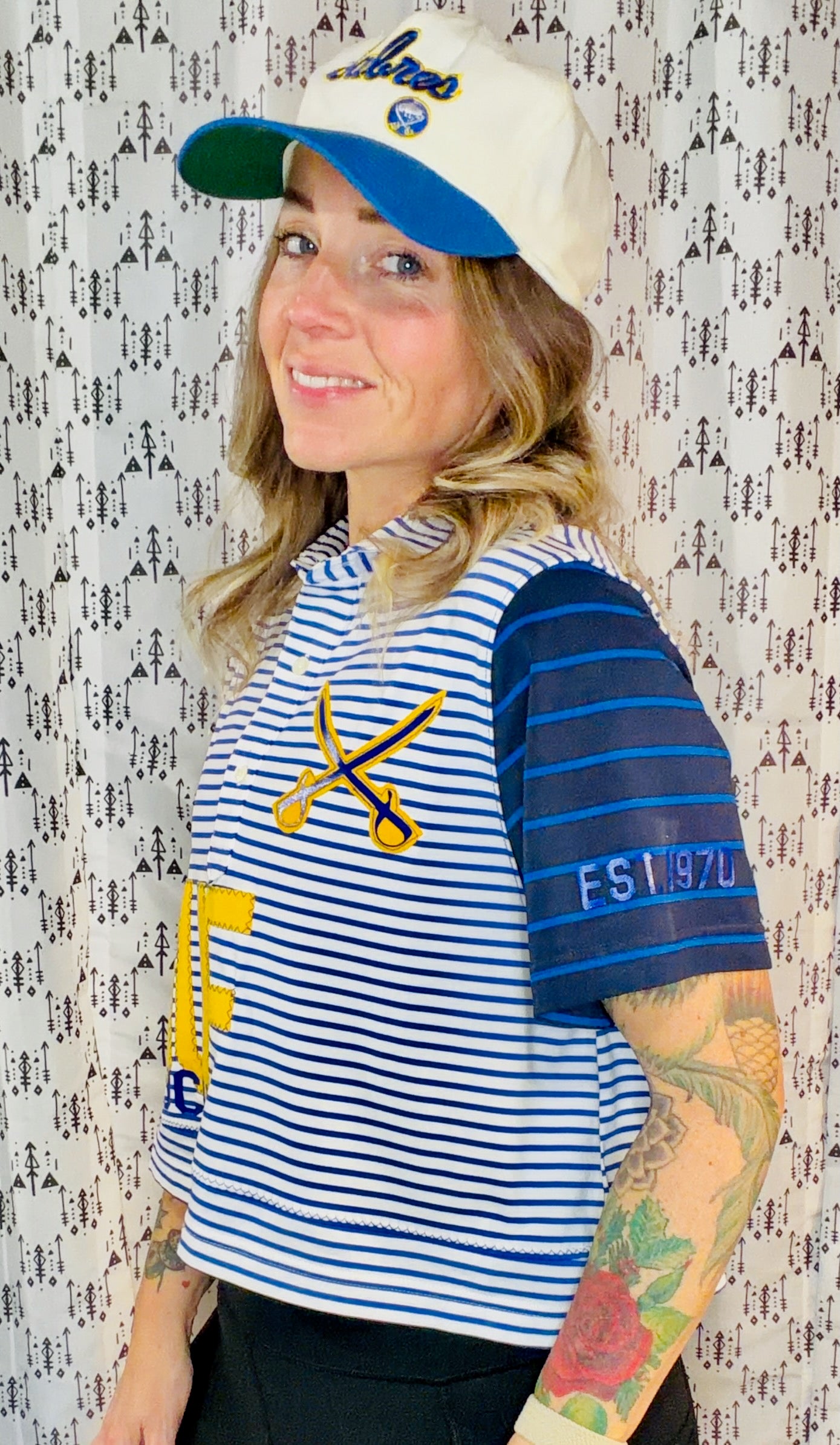 Blue Striped BUF Hockey Polo Crop Women's Size- L/XL