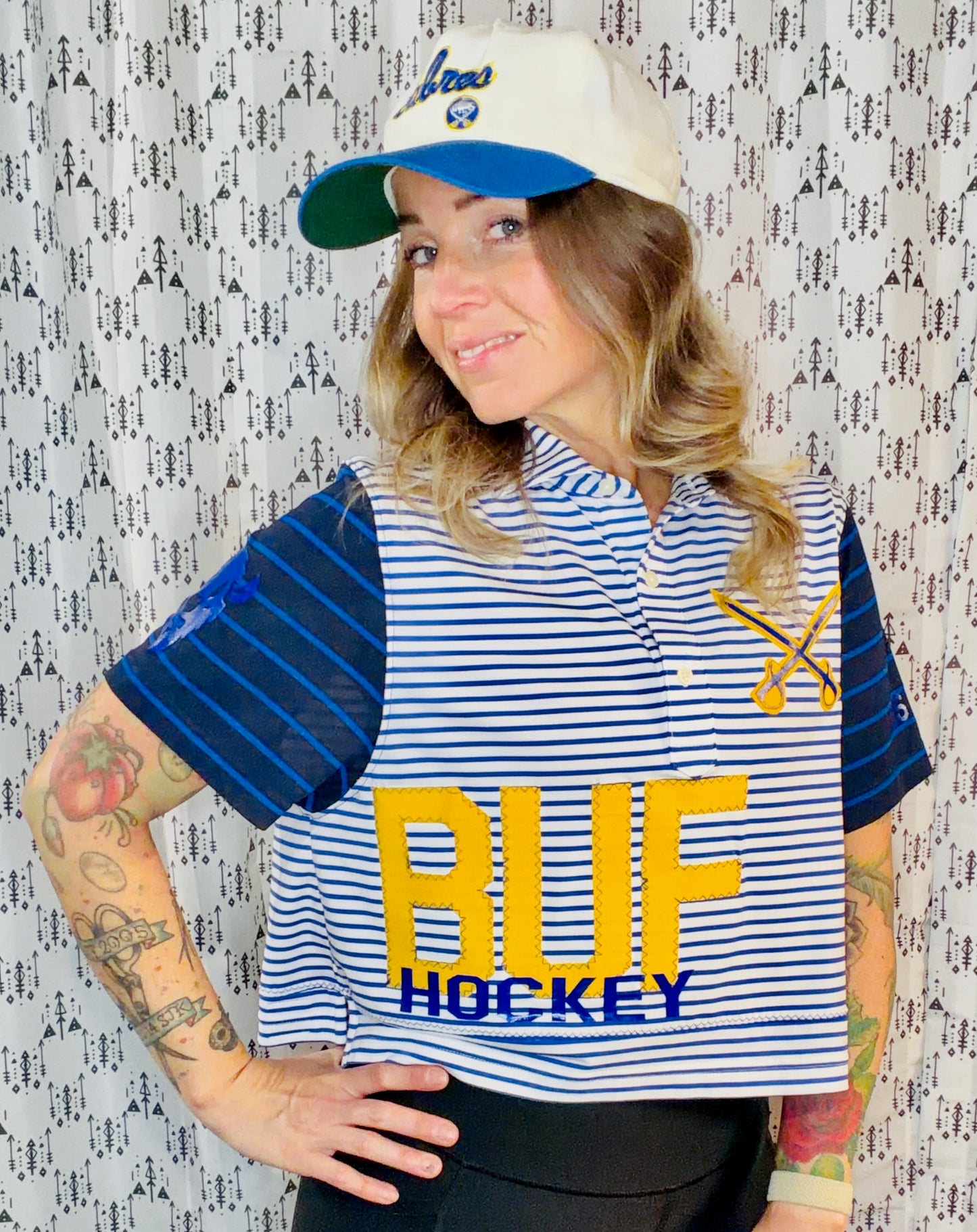 Blue Striped BUF Hockey Polo Crop Women's Size- L/XL