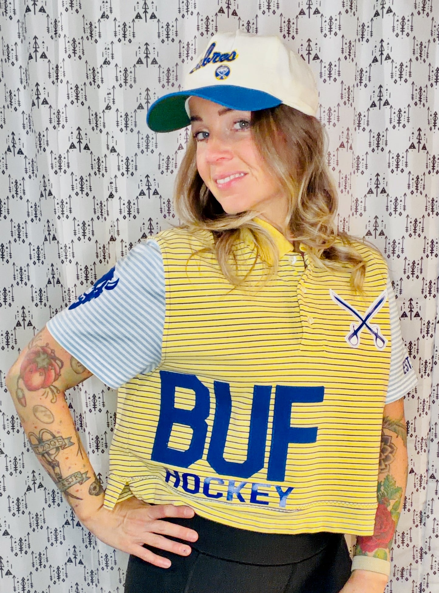 Yellow Striped BUF Hockey Polo Crop Women's Size- M/L