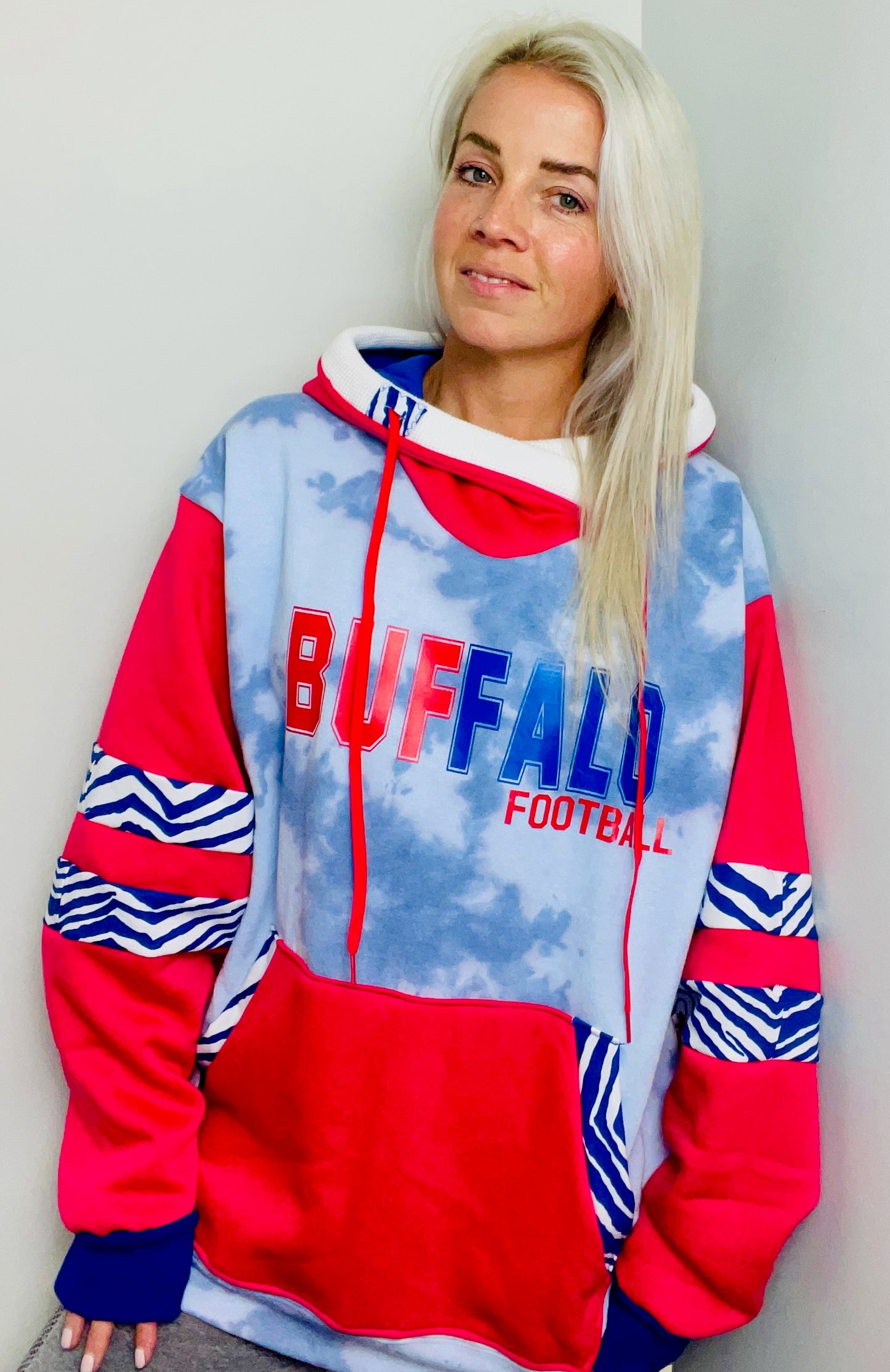 Blue and Red Tie-Dye Buffalo Hoodie Size- Unisex XL/2X