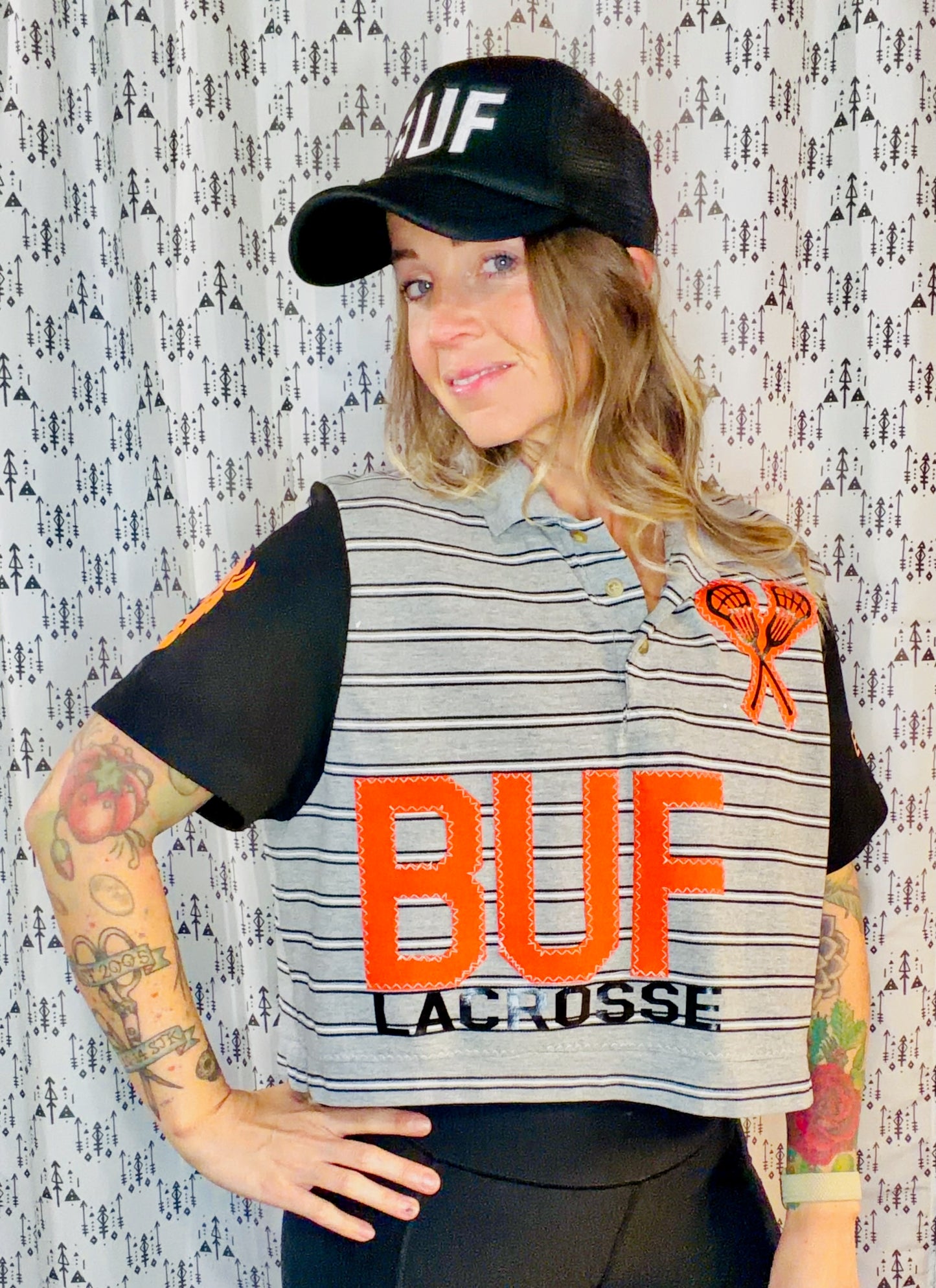 Grey Striped BUF Lax Polo Crop Women's Size- L/XL