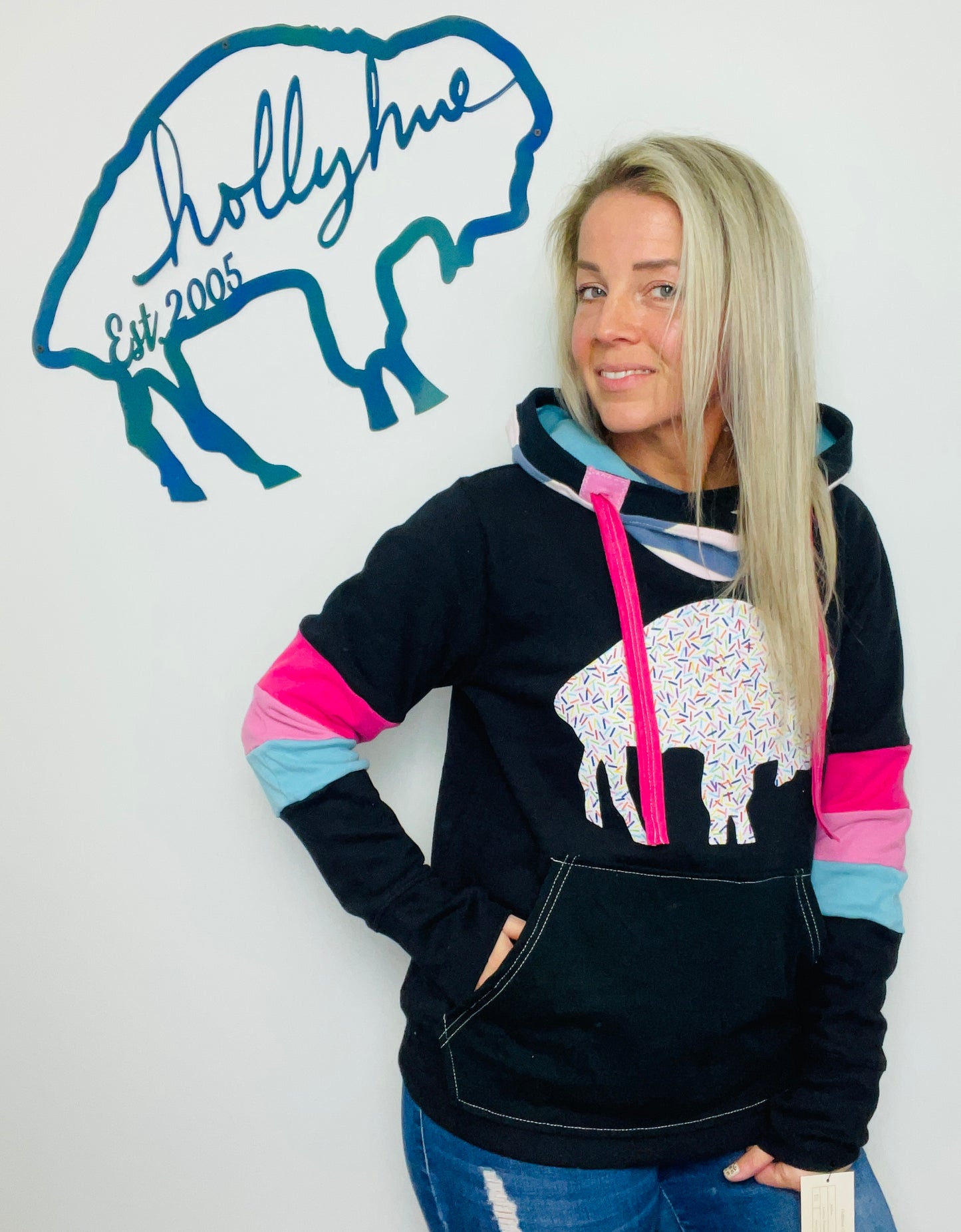 Sprinkles Pink and Black Buffalo Throwback Hoodie Size- Women’s M/L
