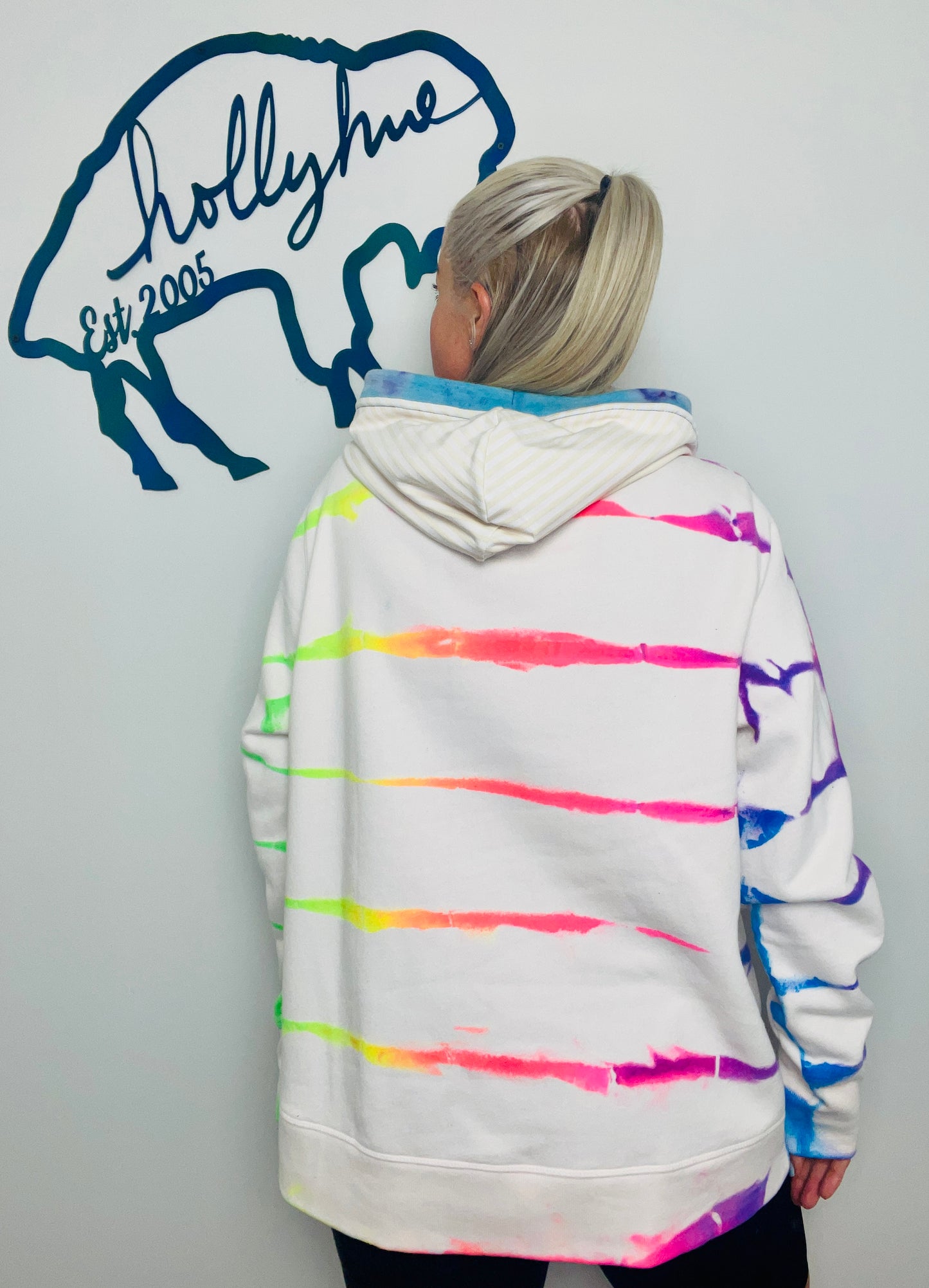 Neon Rainbow Stripe Tie Dye Buffalo Hoodie Size- Unisex L/Xl