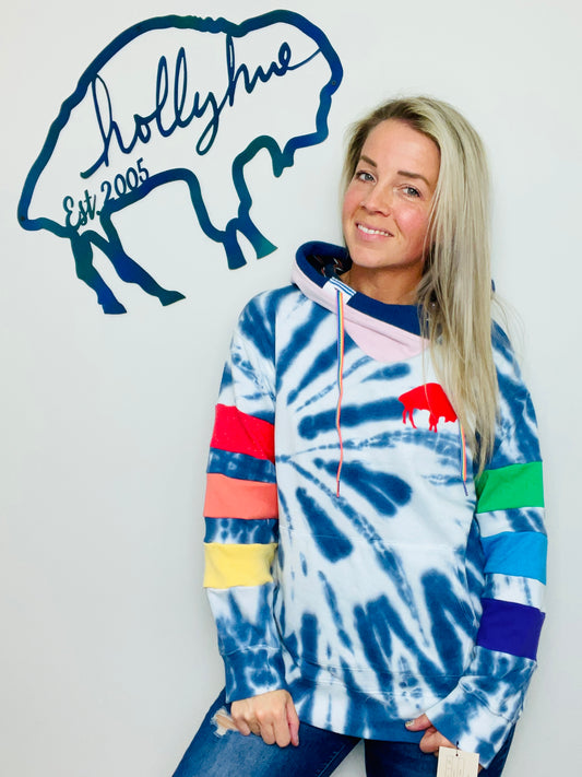 Blue Tie-Dye and Rainbow Buffalo Hoodie Size- Unisex S/M