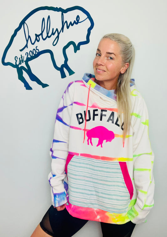 Neon Rainbow Stripe Tie Dye Buffalo Hoodie Size- Unisex L/Xl