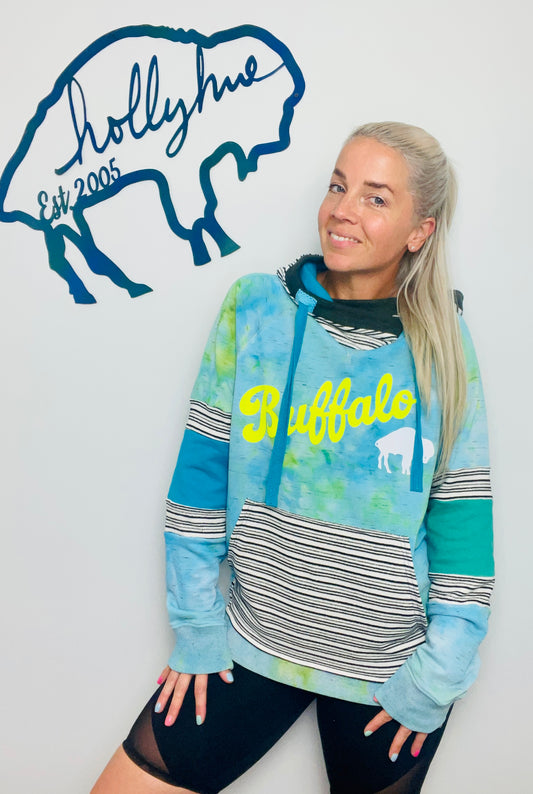 Aqua Tie Dye Buffalo Hoodie Size- Unisex S/M