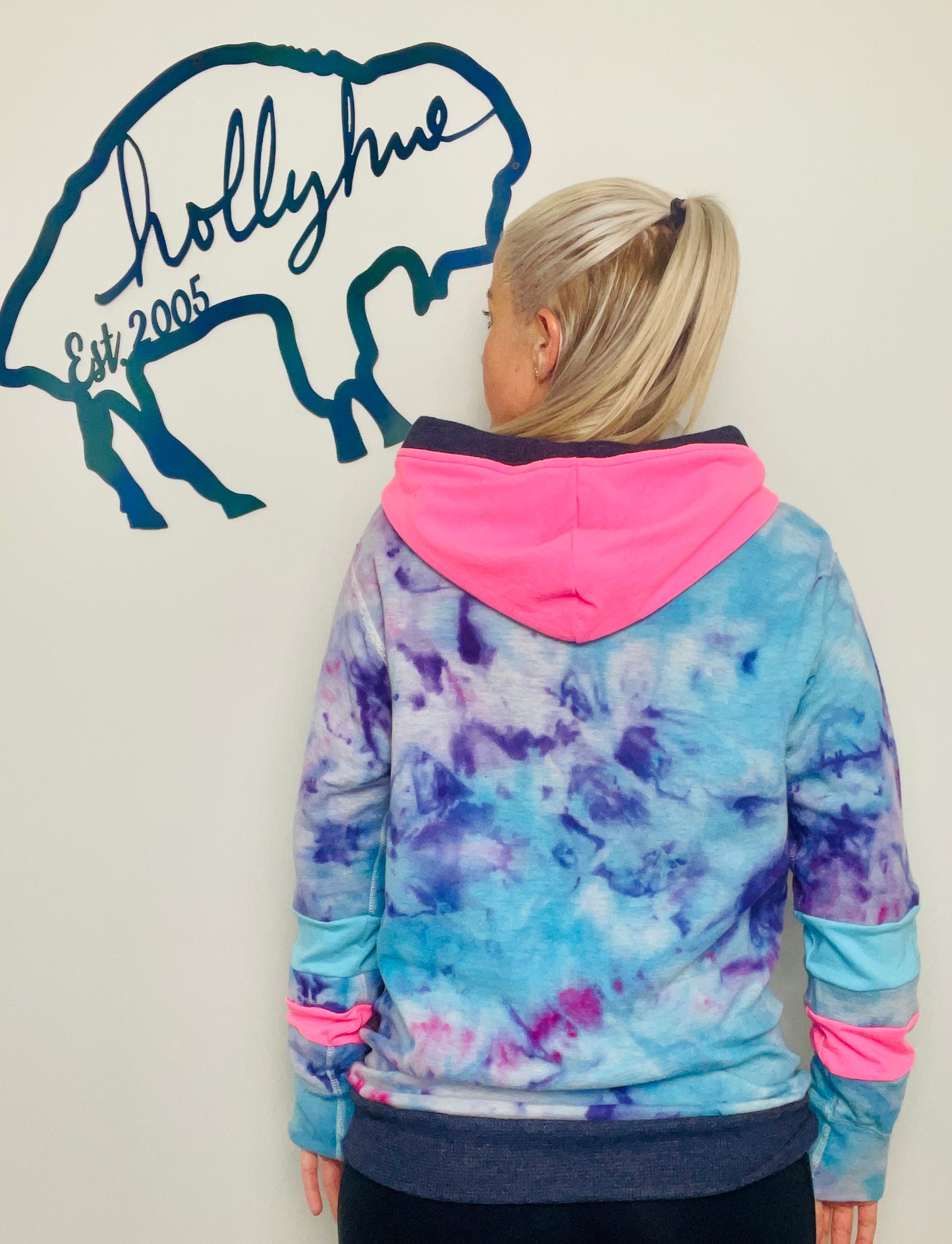 Neon Pink and Blue Buffalo Tie Dye Hoodie Size- Unisex S/M