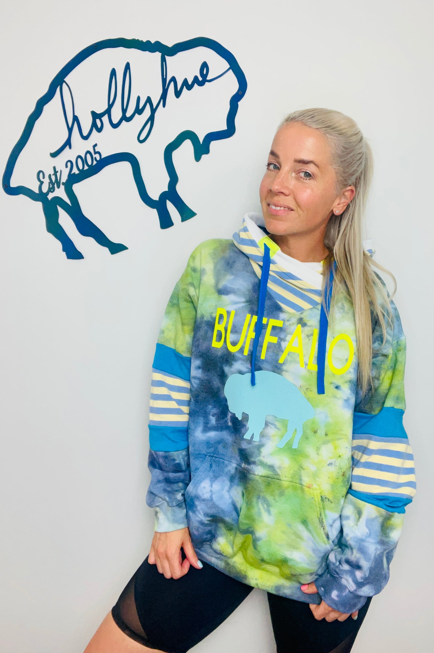Navy and Green Tie Dye Buffalo Hoodie Size- Unisex L/XL