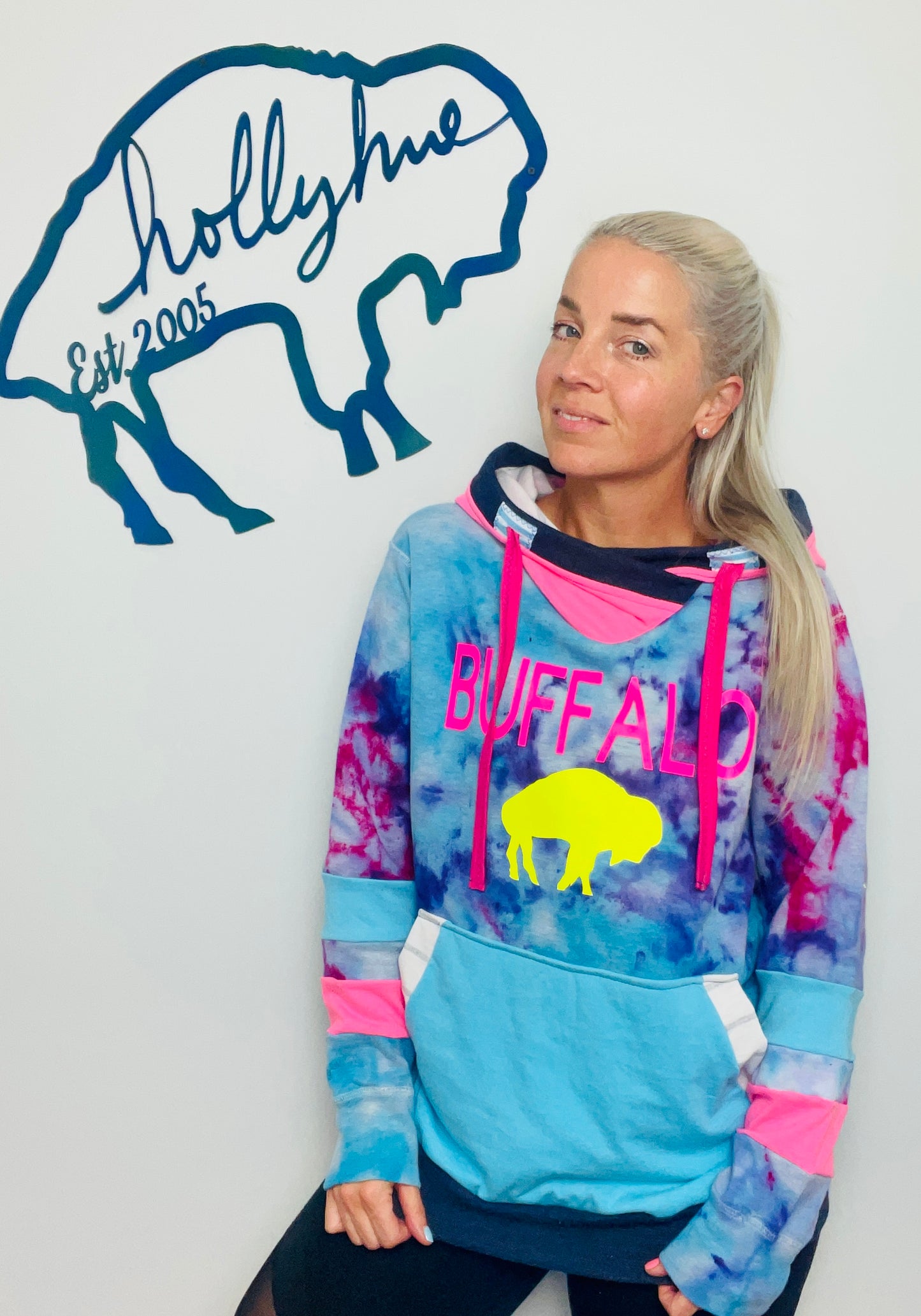 Neon Pink and Blue Buffalo Tie Dye Hoodie Size- Unisex S/M