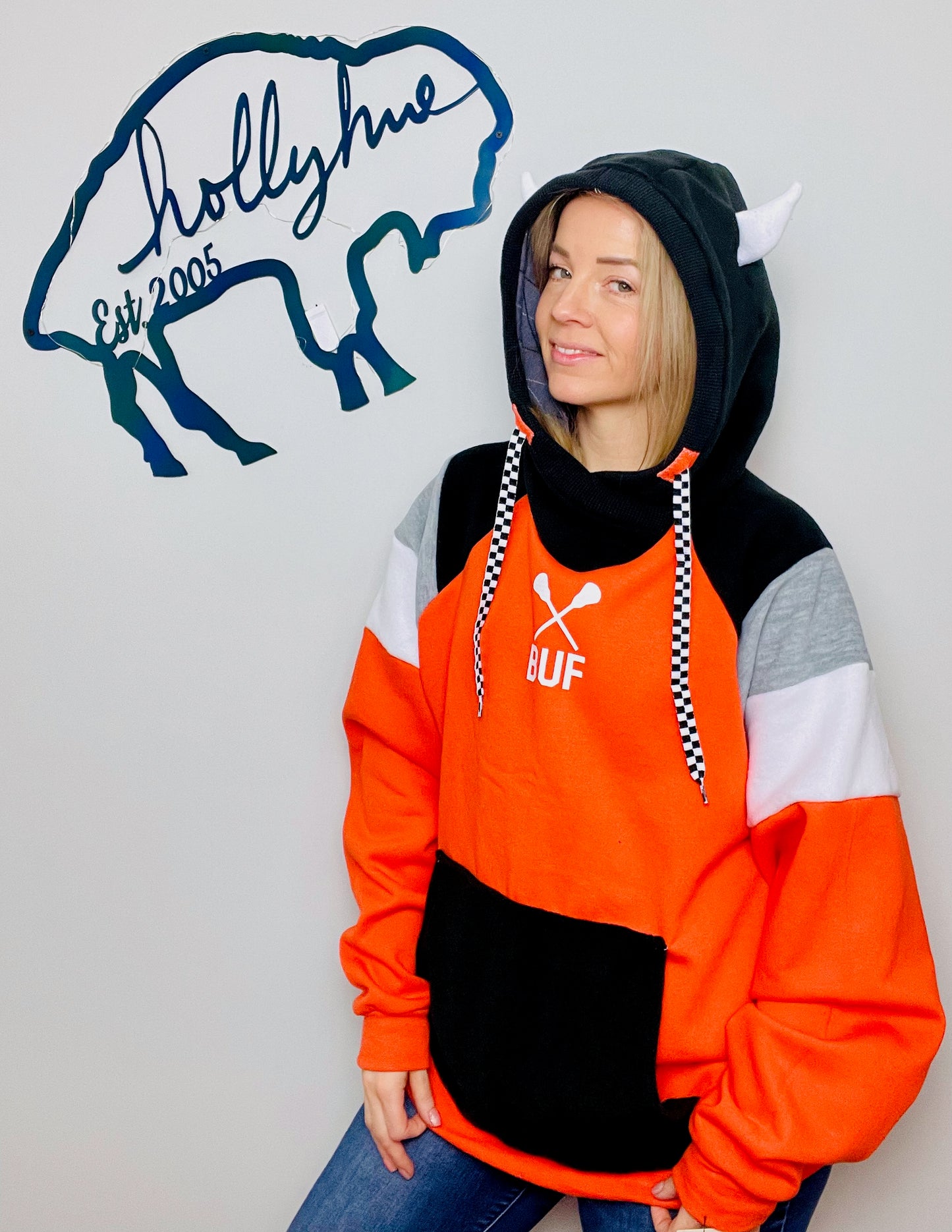 Orange Buffalo Head Lacrosse Hoodie Size Unisex- M/L