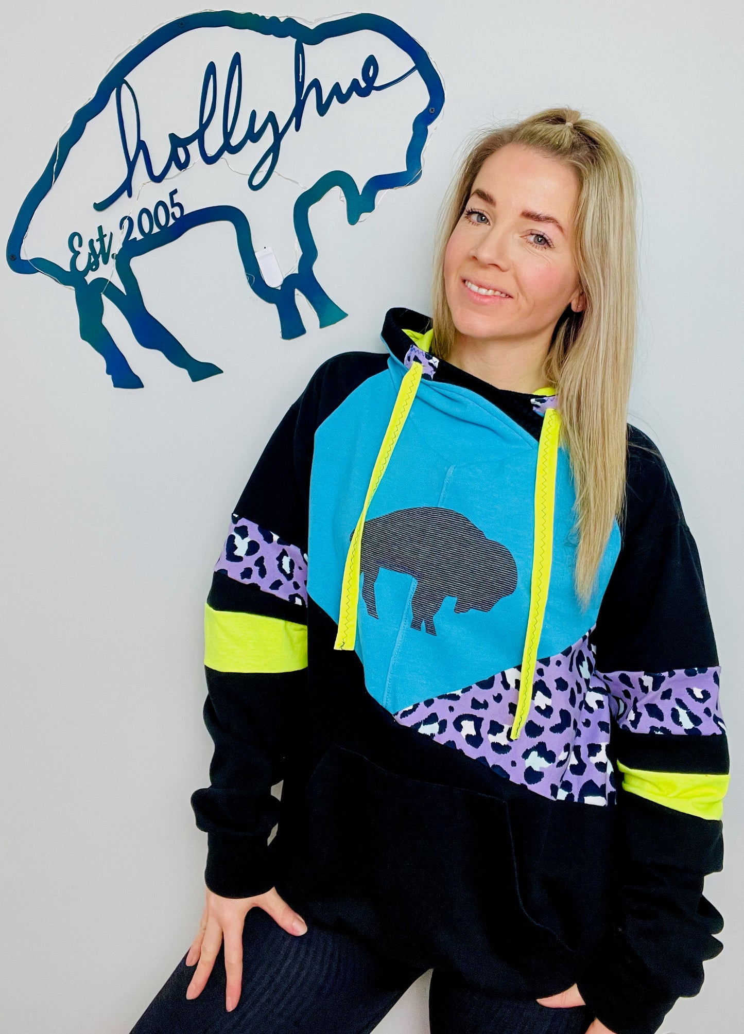 80's Black and Neon Buffalo Hoodie Size- Unisex M/L