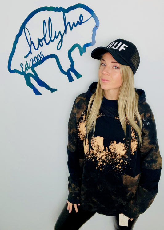 Black Burnout and Bleached Throwback Buffalo Hoodie Size- XL/2X