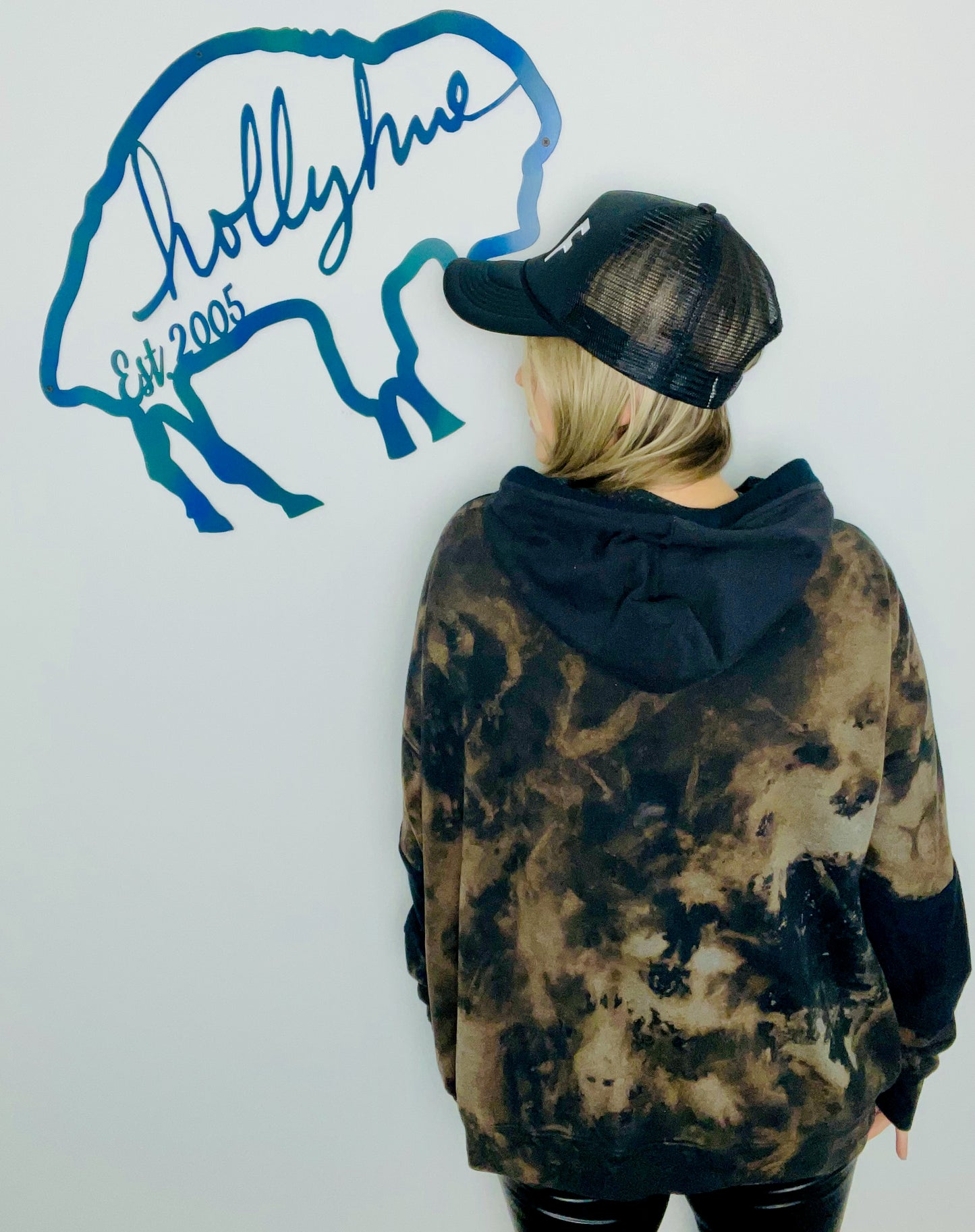 Black Burnout and Bleached Throwback Buffalo Hoodie Size- XL/2X