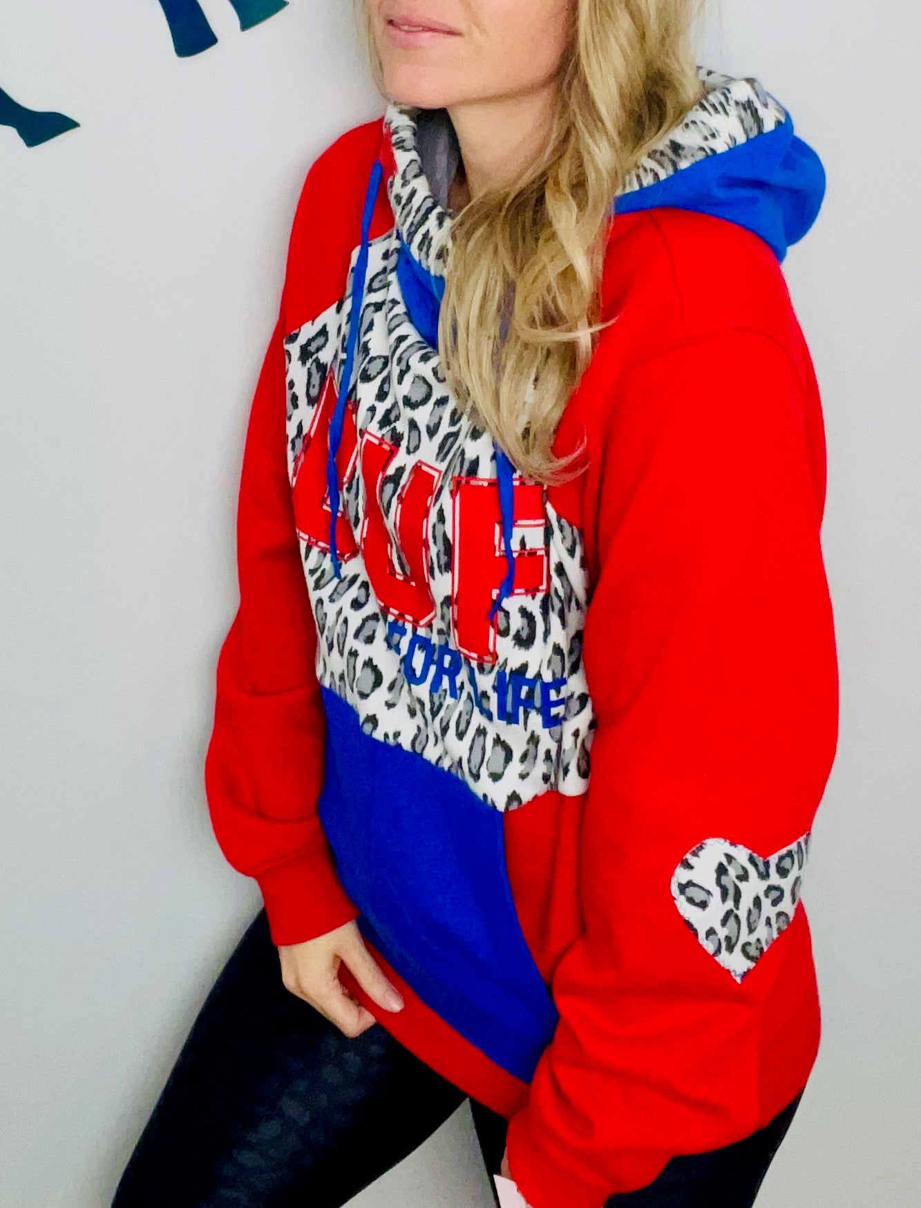 Red BUF Leopard Heart On Your Sleeves Hoodie Size- Women's L/XL