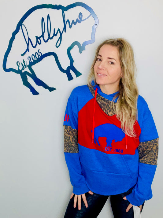 Blue Curved Hem Crop Leopard Buffalo Hoodie Size- Women's L/XL