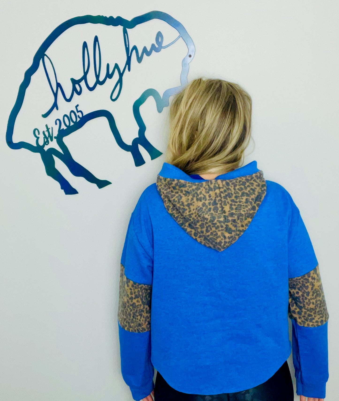 Blue Curved Hem Crop Leopard Buffalo Hoodie Size- Women's L/XL