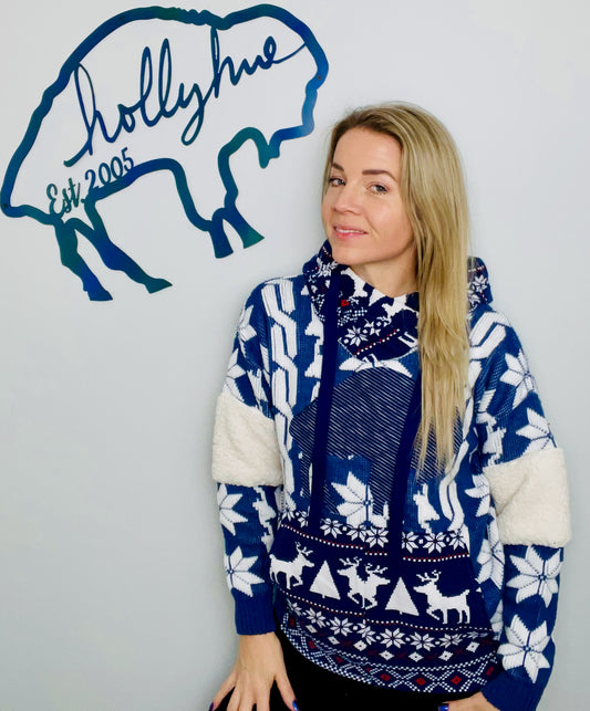 Blue and White Snowflake Throwback Buffalo Sweater Hoodie Size- Women's M/L