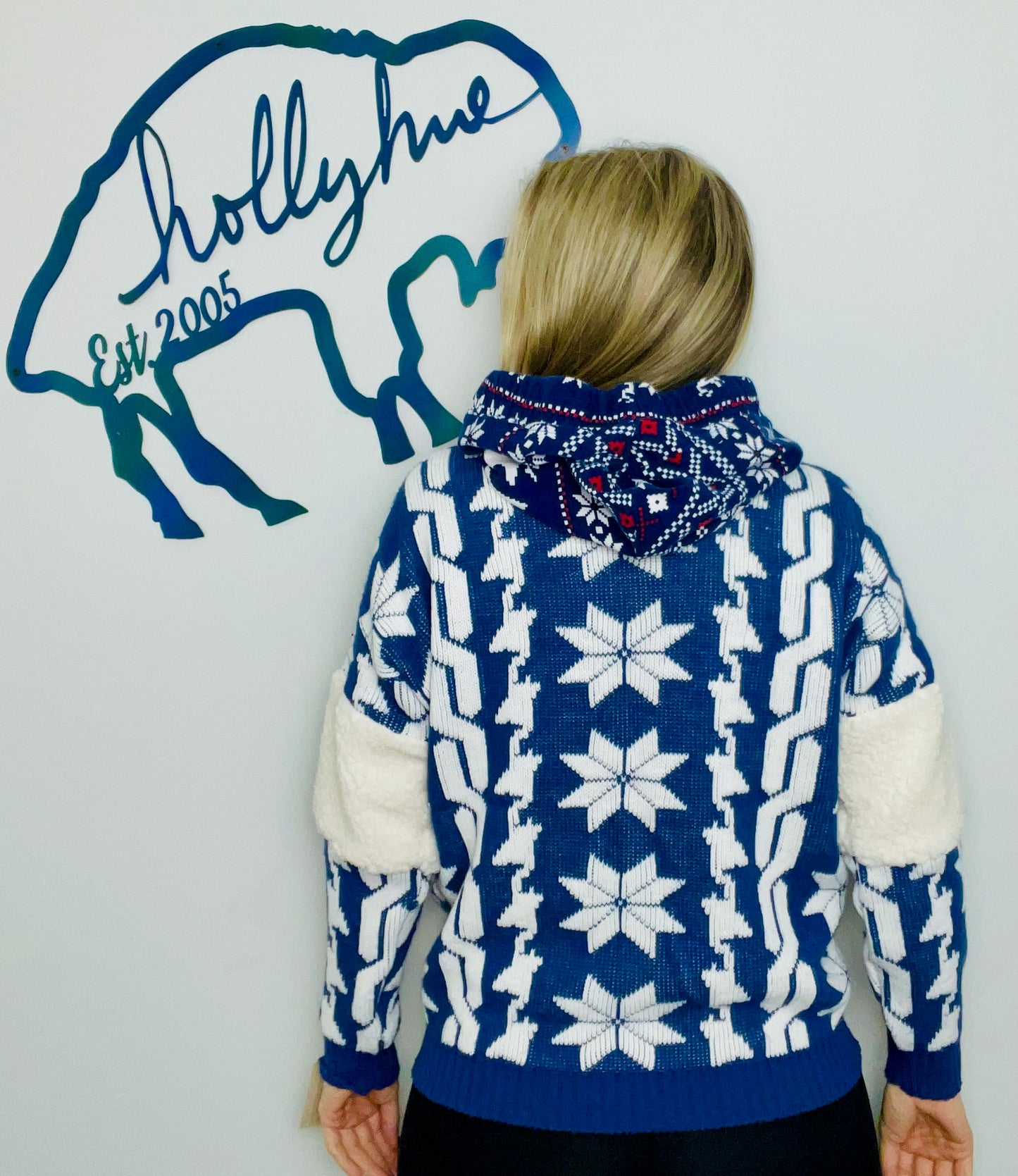 Blue and White Snowflake Throwback Buffalo Sweater Hoodie Size- Women's M/L