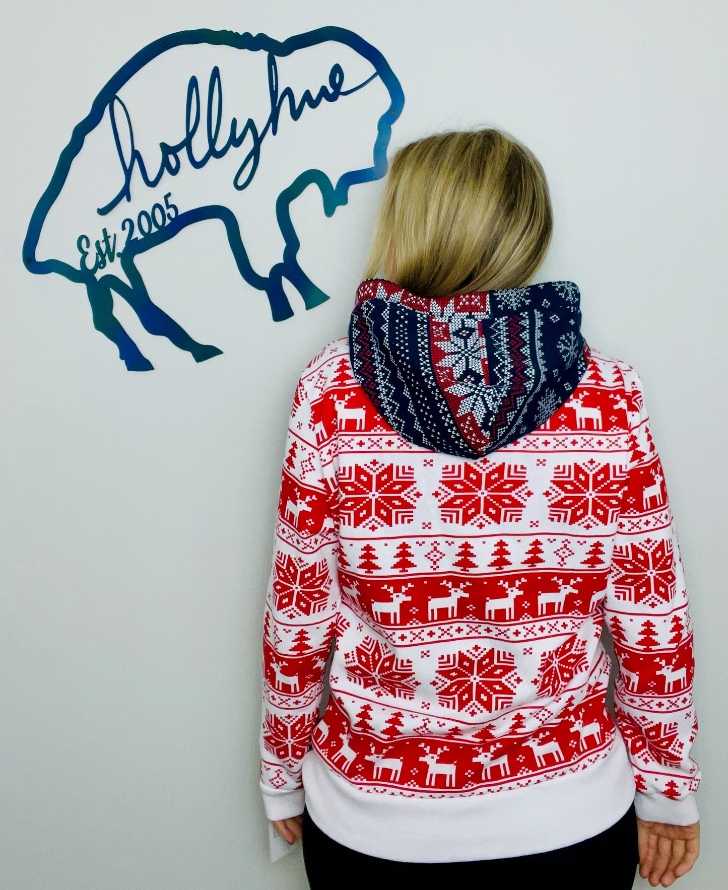 Red and Blue Holiday Throwback Buffalo Hoodie Size-Unisex S/M