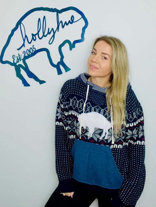 Dark Blue Holiday Throwback Buffalo Sweater hoodie Size- Unisex M/L