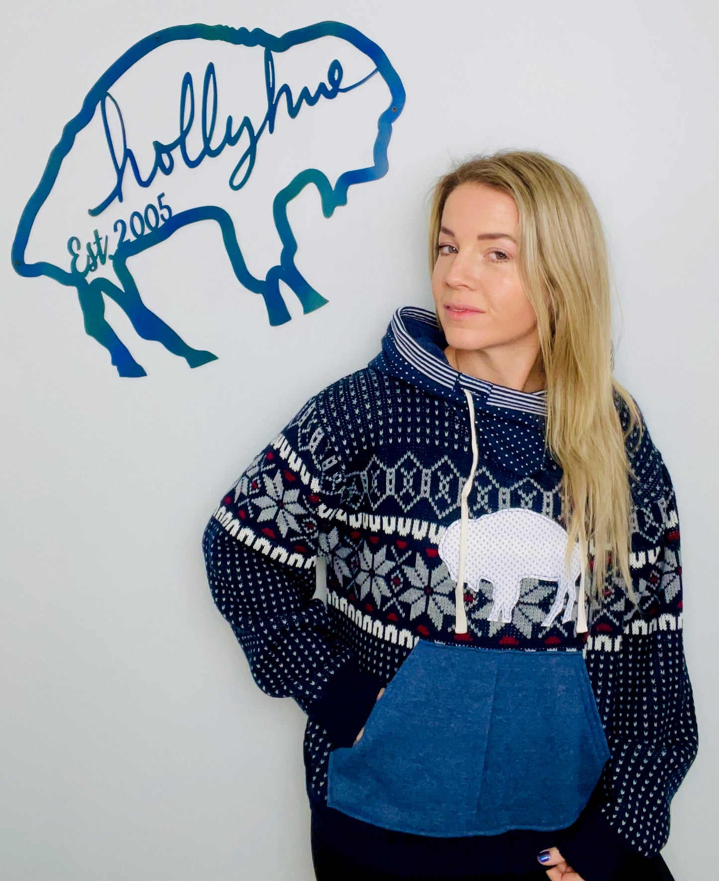 Dark Blue Holiday Throwback Buffalo Sweater hoodie Size- Unisex M/L