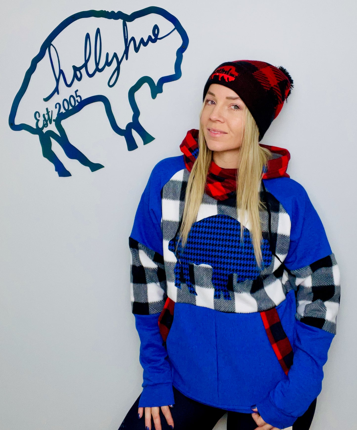 Blue and White Buffalo Plaid Throwback Hoodie Size- Women's M/L