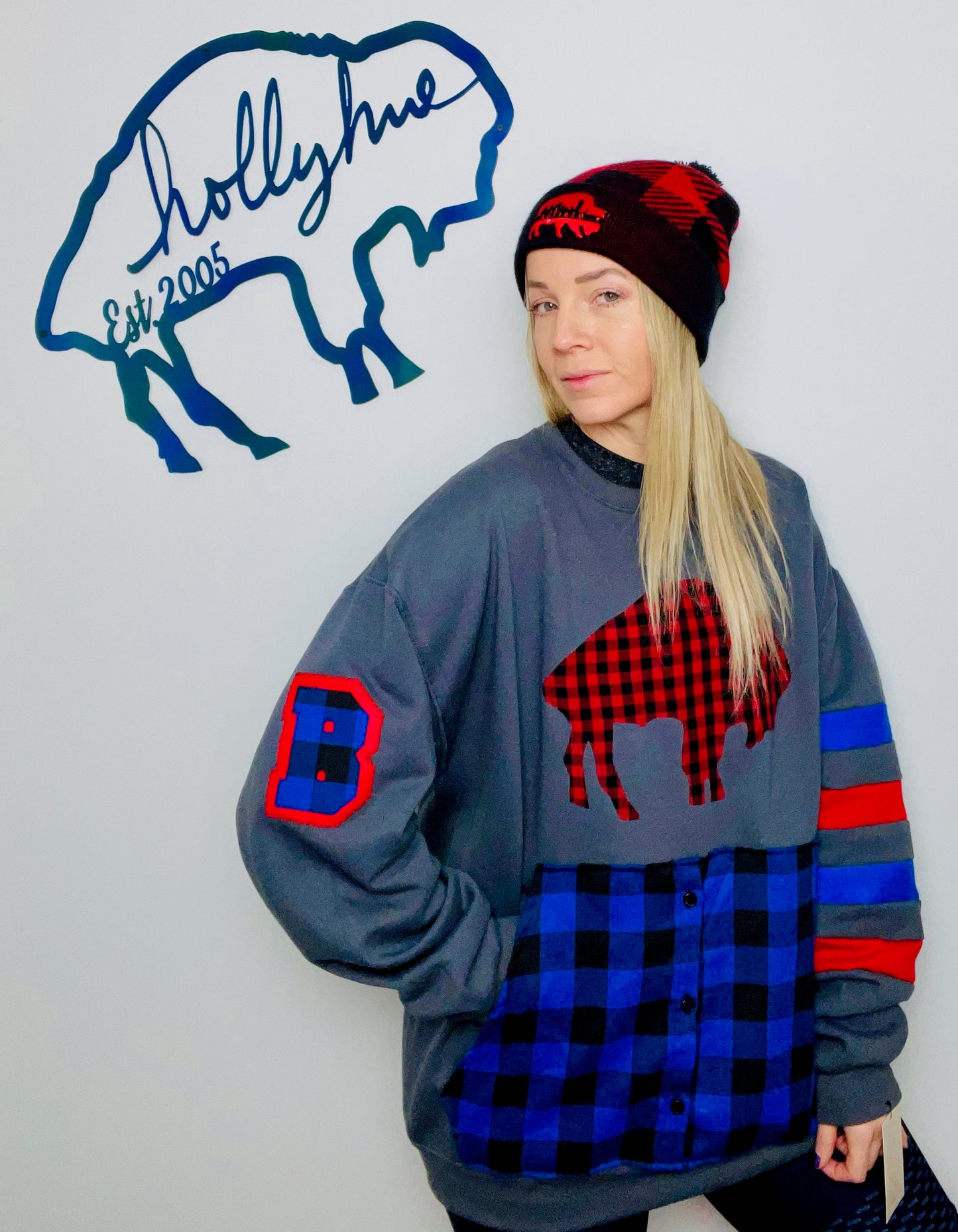 Dark Grey Buffalo Plaid Varsity Throwback Crewneck Size- Unisex XL/2X