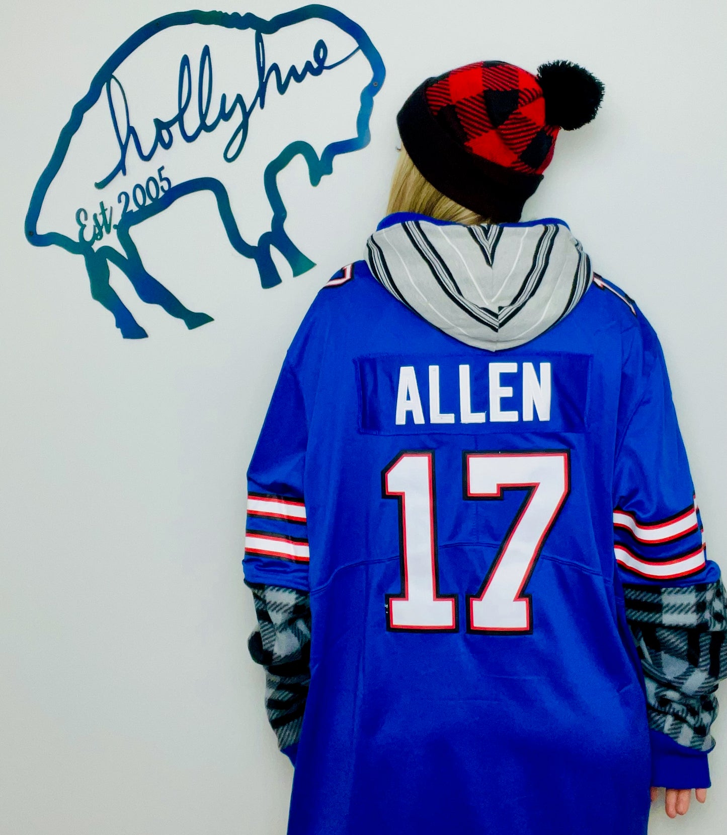 Blue #17 Allen Plaid Jersey Hoodie Size- Unisex XL
