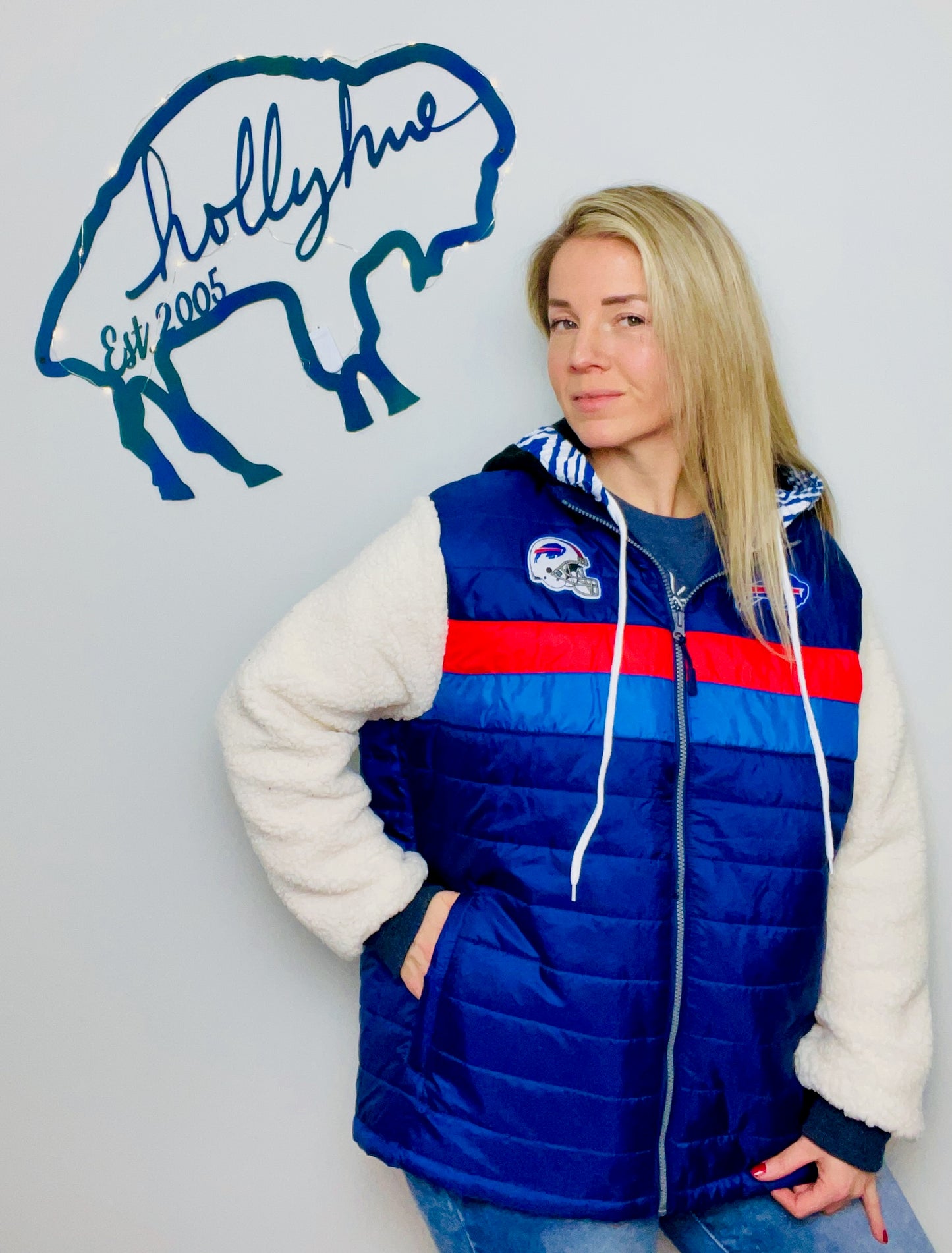 Blue Puffy Buffalo Football Jacket Size- Unisex L/XL